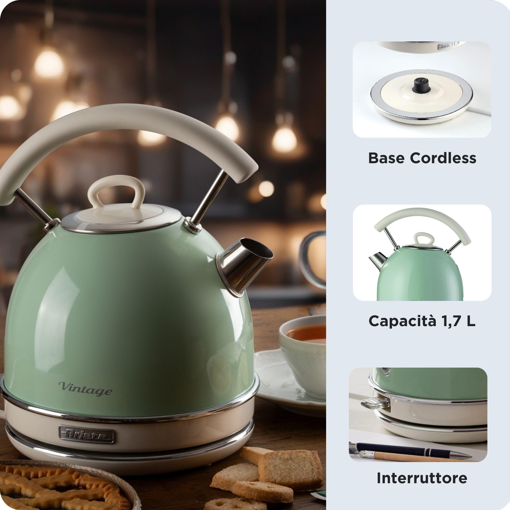 Ariete Vintage Wasserkocher 2877, Retro Elektrischer Wasserkocher mit Sichtbarem Wasserstand, Kabelloser 360°-Sockel, Auto-Abschaltung, Ergonomischer Griff, 1,7 L, Edelstahl, 2000W, Grün