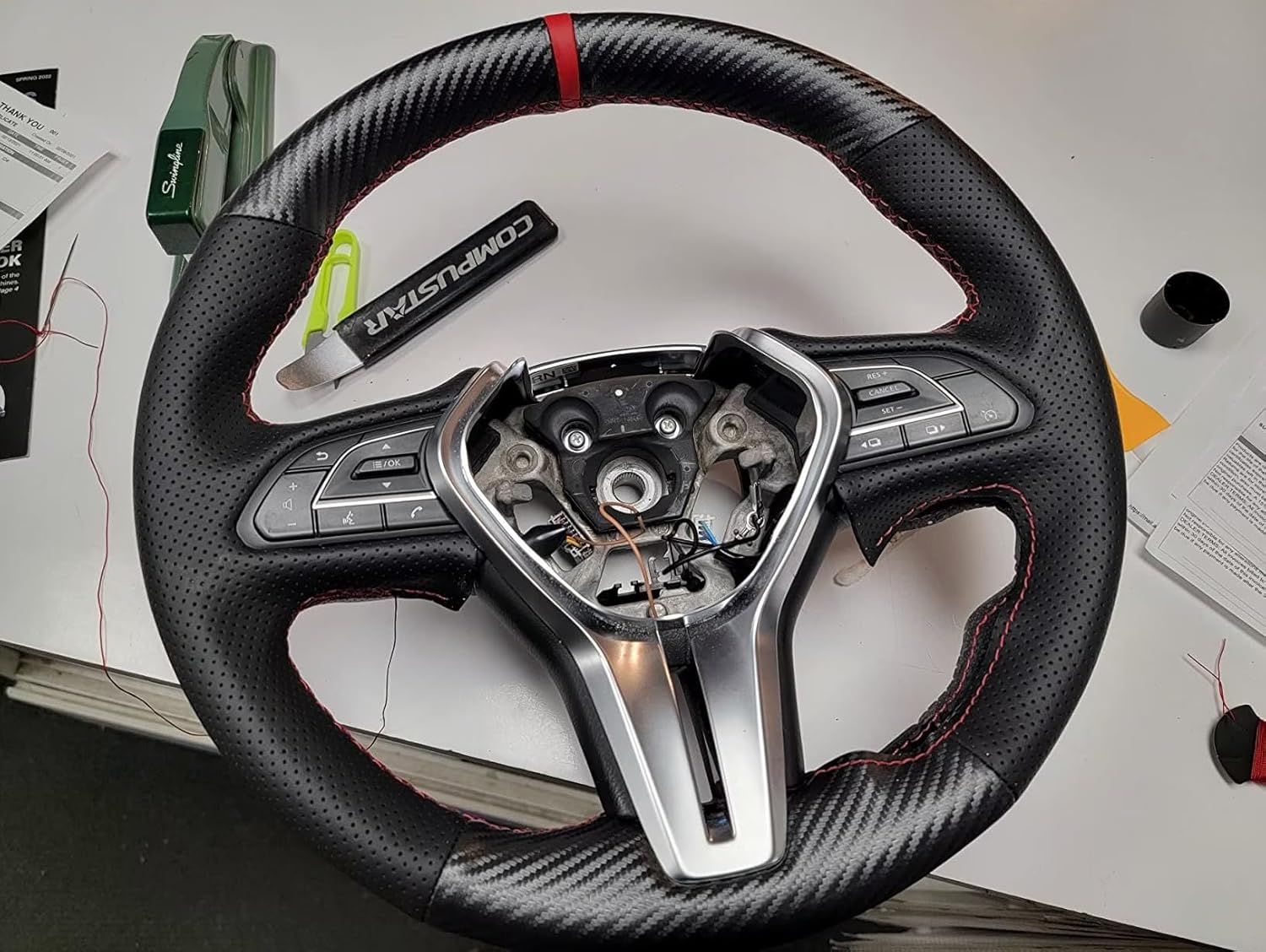 Custom Fit Stitched Black Genuine Leather Suede Steering Wheel Cover for Infiniti Q50 2018 2019 2020 2021 / Infiniti Q60 2017 2018 2019 2020 2021 / Infiniti QX50 2019 2020 2021 Accessories