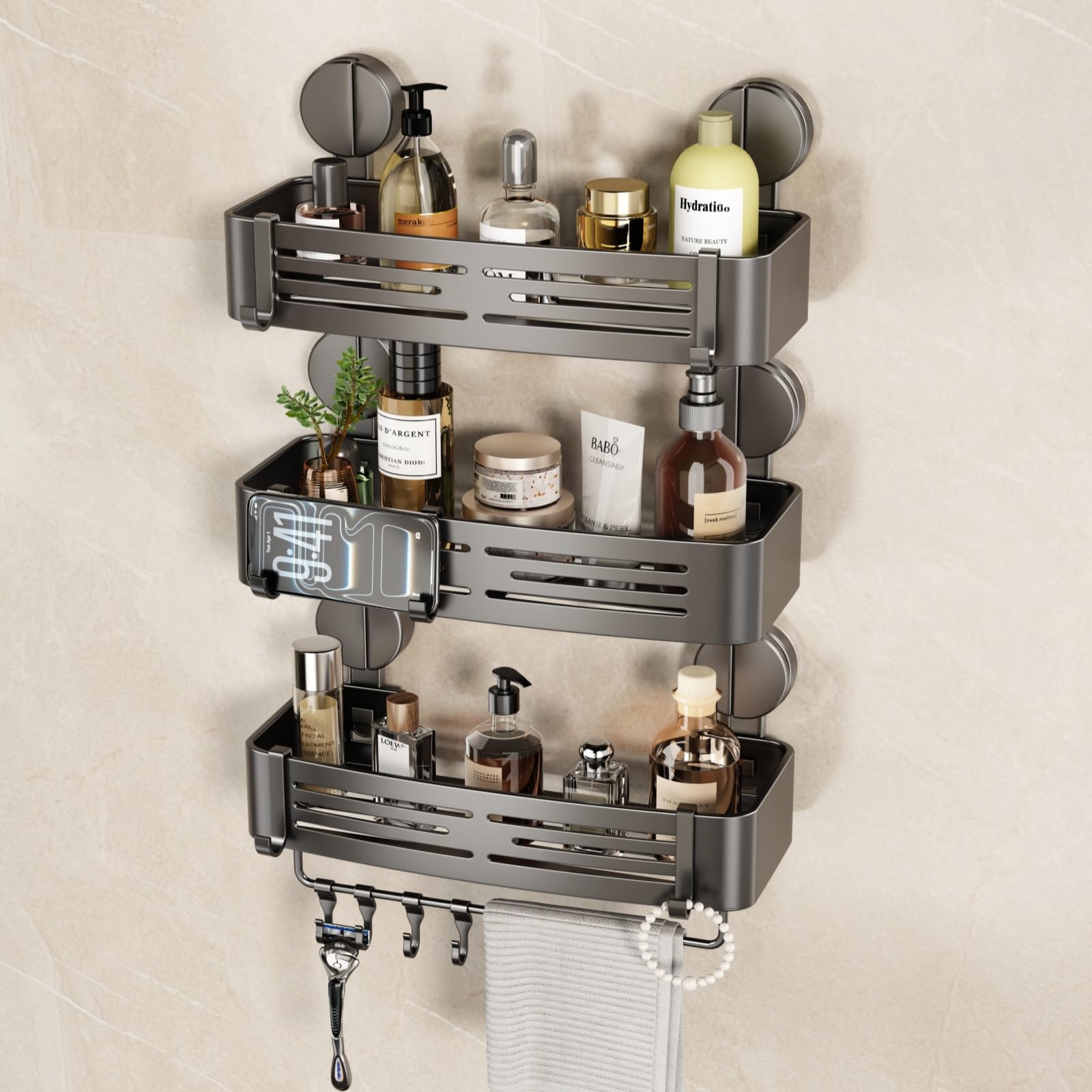 Photo 1 of VOLPONE Shower Caddy Suction Cup No Drilling Suction Cup Shower Shelf Heavy Duty Bathroom Shower Organizer Storage Rack Adhesive with Towel Bar Hooks (3-Pack, Matte Gray)
