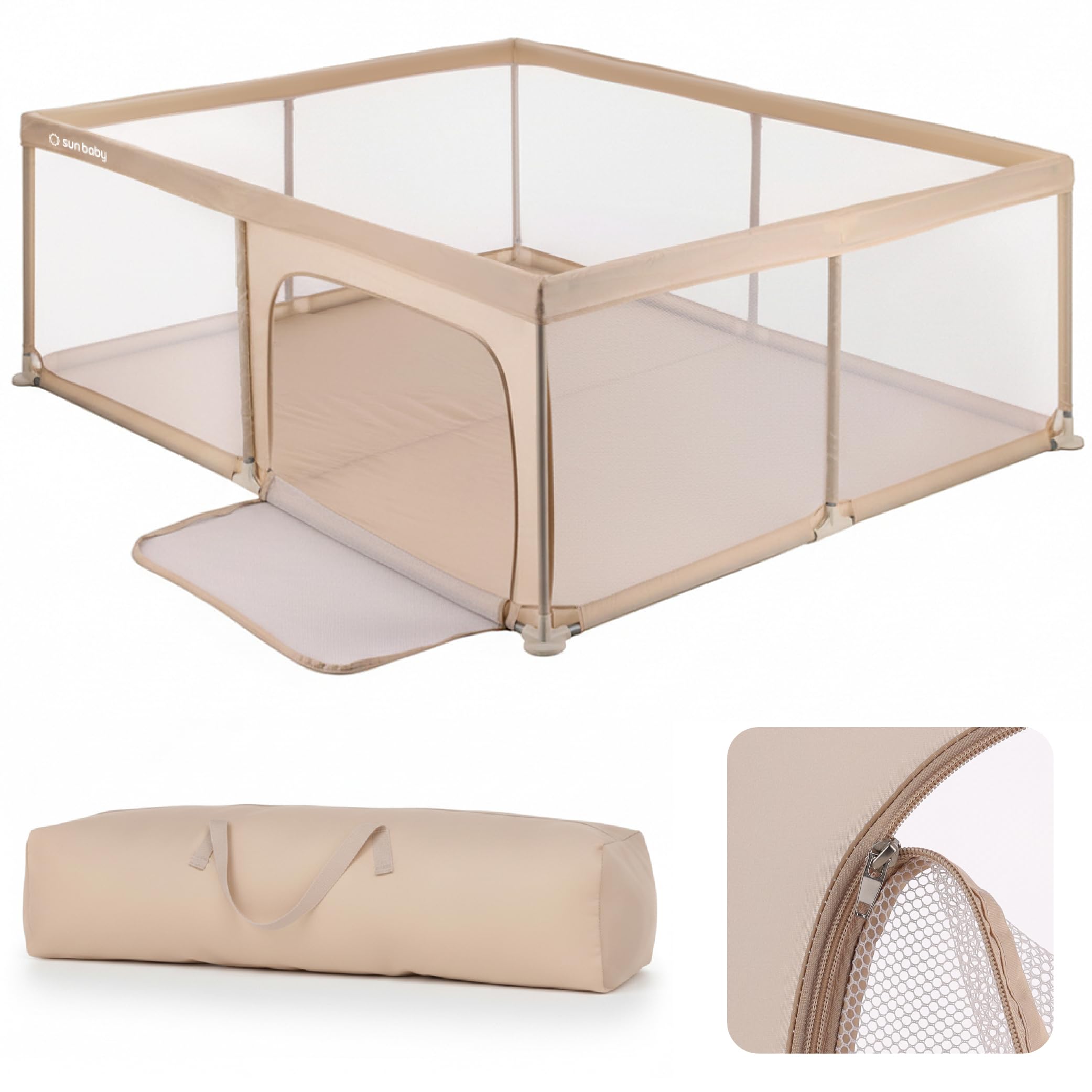 sun baby Parc Enfant 150x200 cm 0-2 ans Beige, polyester, parois en filet, entrée zippée, pieds antidérapants, sac de transport inclus, cadre en métal