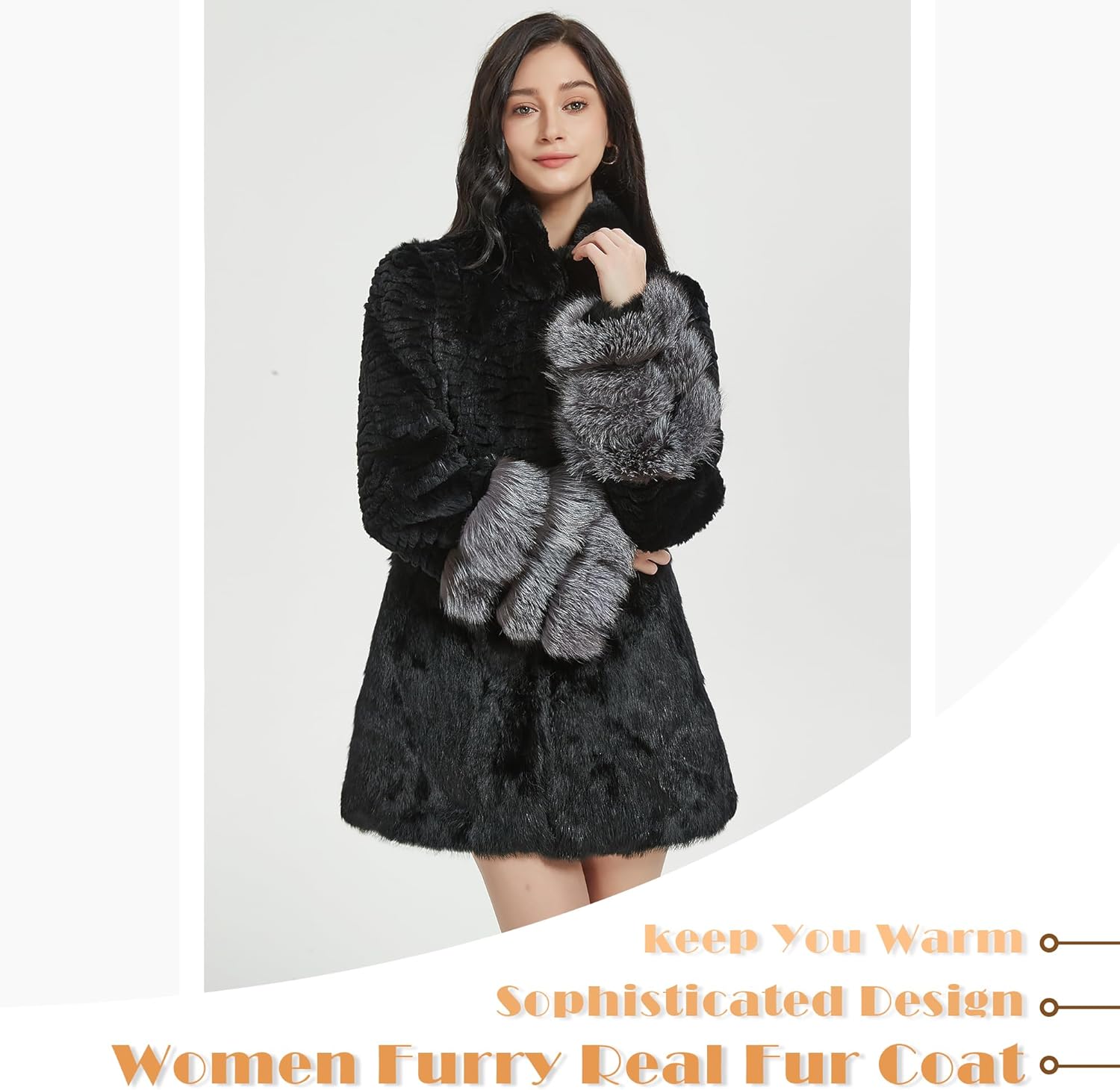Fur Story Women's Genuine Rabbit Fur Coat With Fox Fur Cuffs Warm Winter Coat Black Long Jacket - Image 4