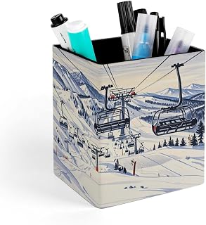 Square Pen Holder Mount Horsney Ski Lift Desk Organizer Pencil Cup | PU Leather Desktop Caddy Container Case, Storage Stationery Pens Remotes Makeup Brushes Essentials Tidy Home Office Supplies