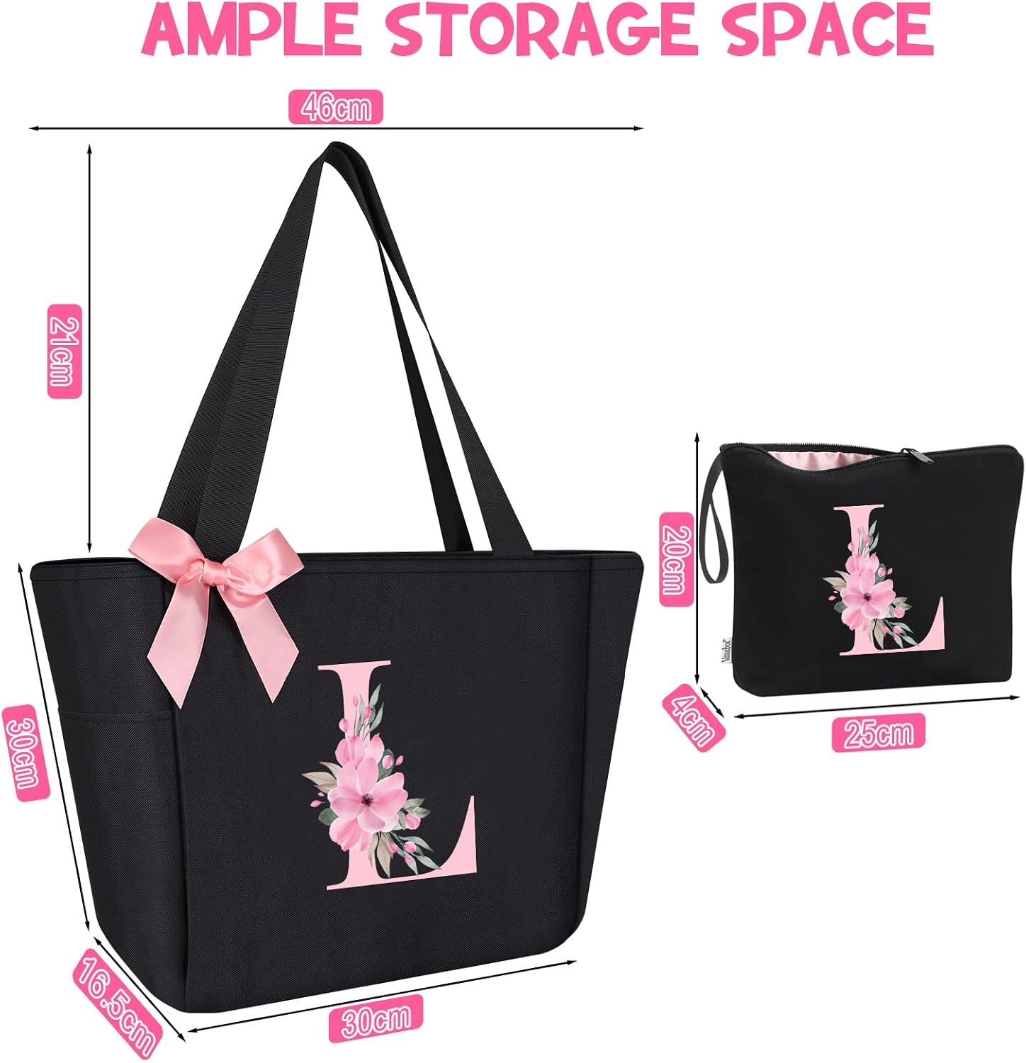 Vavabox Tote Bag, A-Z Initial Monogrammed Waterproof Tote Bag, Bridesmaid Gifts for Women, Black and Pink image 4