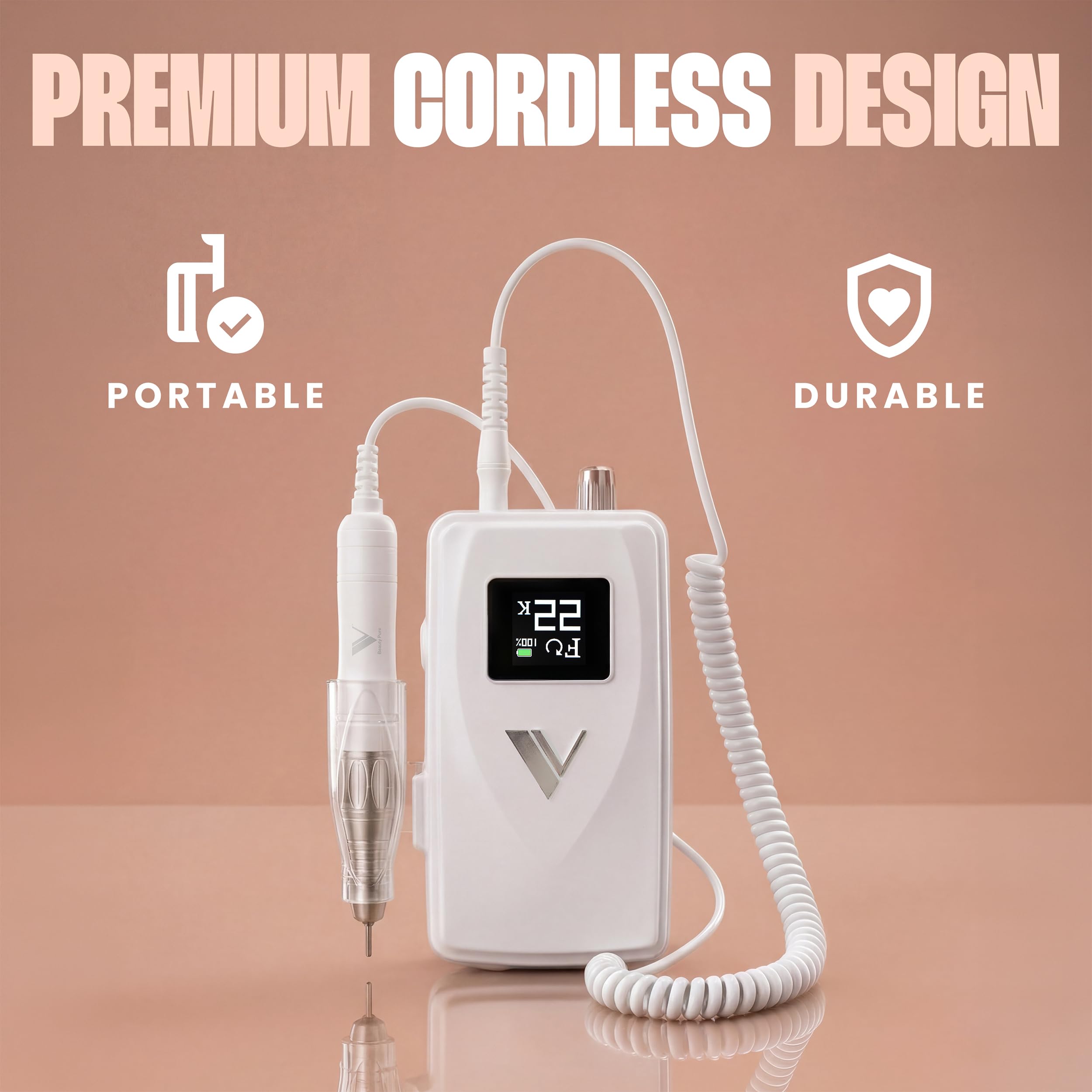 V Beauty Pure VUnit E-File - Trapano elettrico professionale ricaricabile per unghie, 35000 giri/min, motore brushless, durata della batteria 10 ore, trapano per unghie EFile senza fili per uso