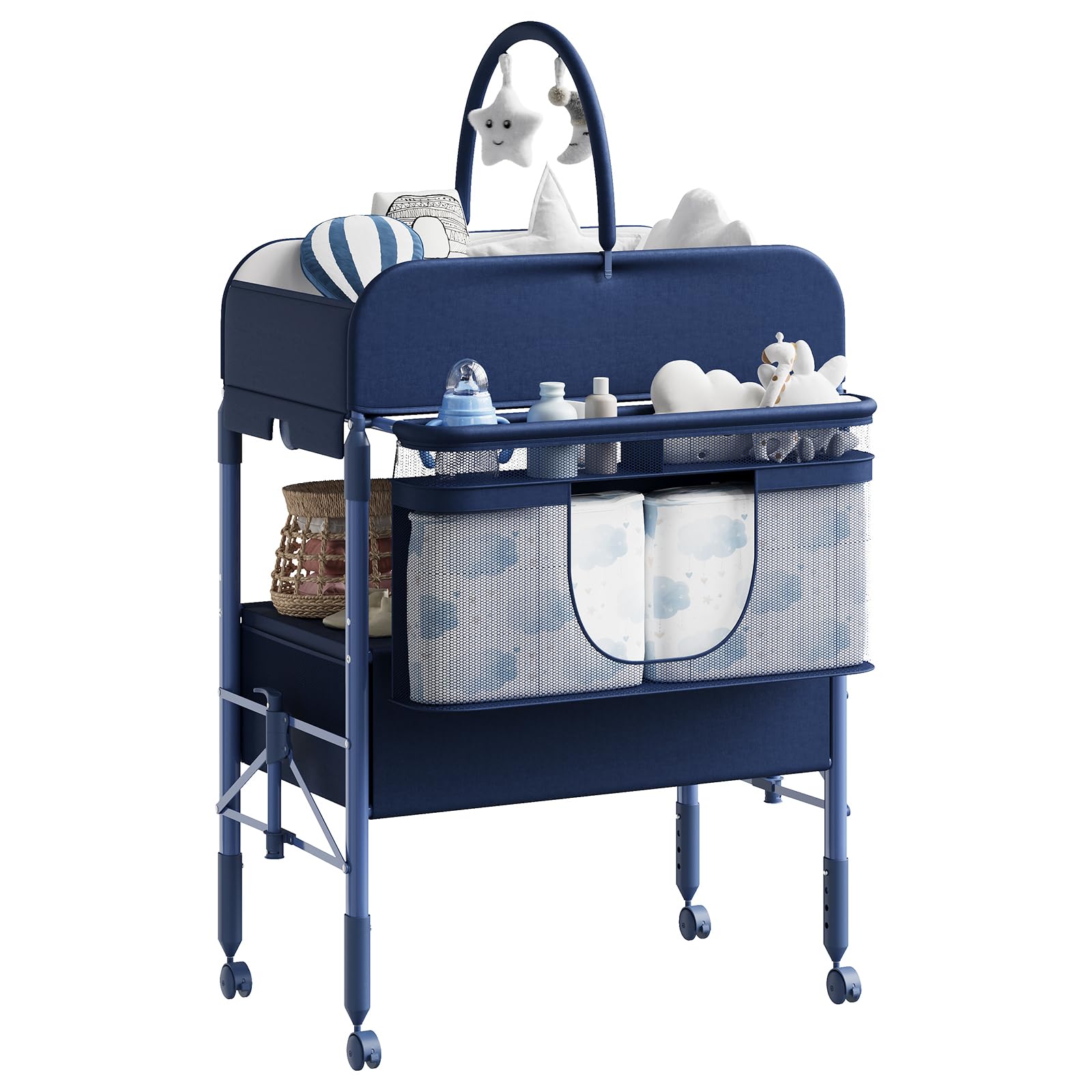 Fasciatoio Pieghevole Portatile Per Neonato, Altezza Regolabile Con Ruote Bloccabili, 2 Cassetti e Piano Impermeabile, Fasciatoio Con Vaschetta Per Bagnetto