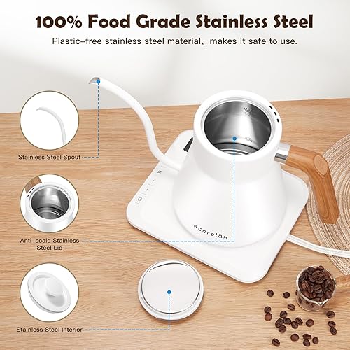 Miniatura 6 de ECORELAX Hervidor eléctrico de cuello de cisne, control de temperatura de 1 para café, té y agua, acero inoxidable 1200 W mantiene el calor,