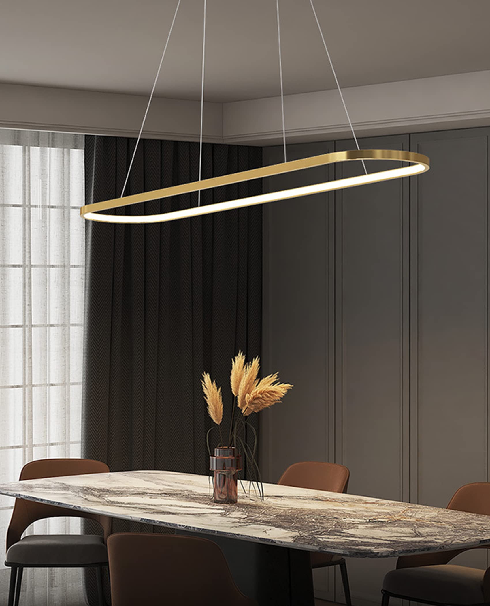 Lampada a sospensione da tavolo da pranzo, ovale, a LED, dimmerabile, con telecomando, da tavolo da pranzo, per cucina, ufficio, lampada a sospensione 90/120CM (Oro, 90CM/35.4″)