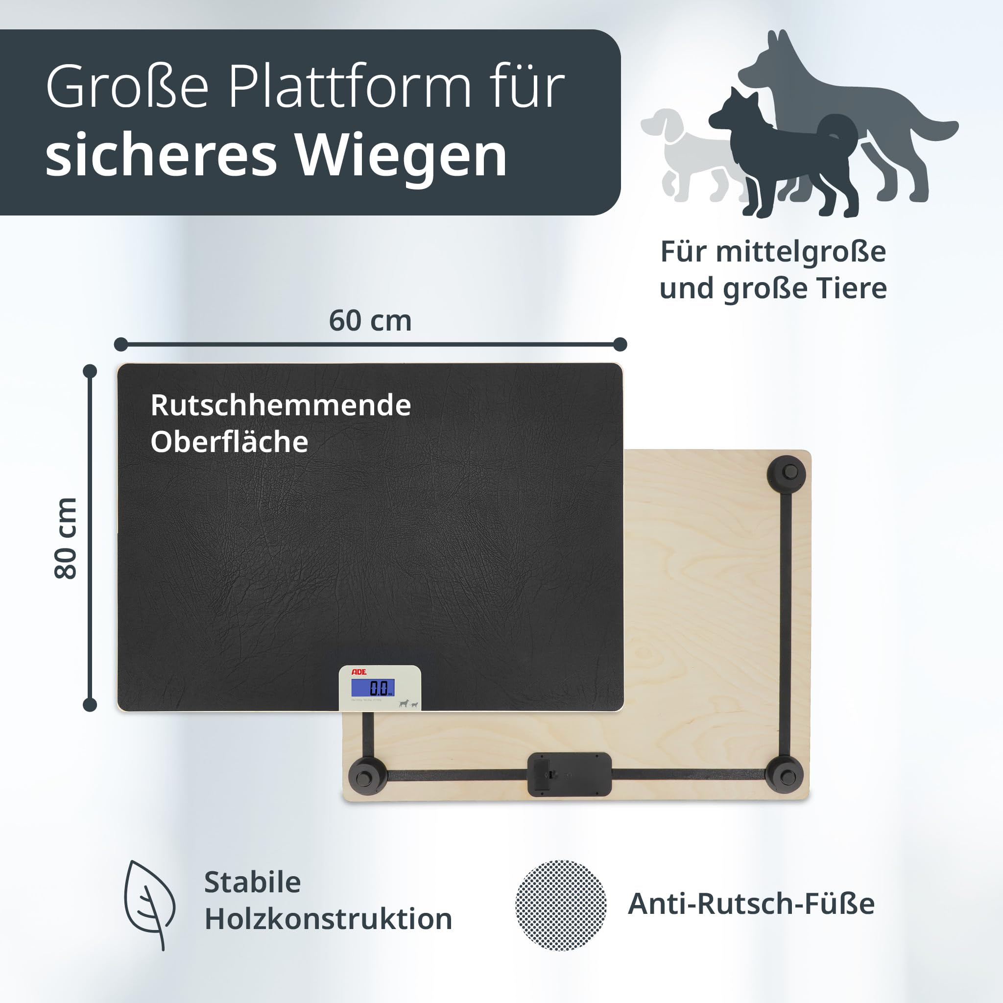 ADE Digitale Tierwaage bis 100 kg | große Hundewaage XL | extra leicht und flach | pfotenfreundliche Oberfläche | auch für Katzen und Kleintiere
