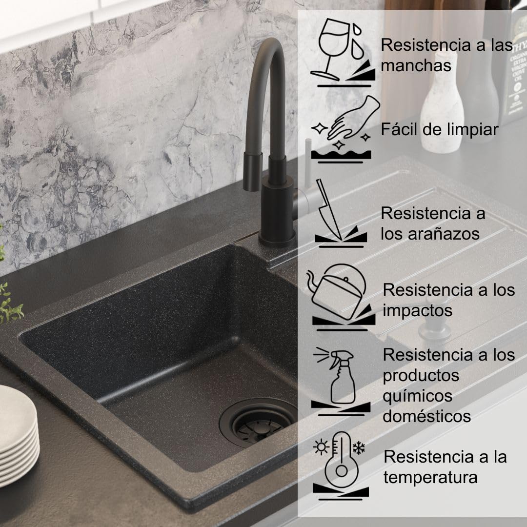 QUADRON Fregadero de cocina de granito con cubeta simple, dimensiones 77 x 44 x 17,5, color: beige, JERRY 111 Fregadero con cubeta simple, fregadero de granito, con sifón y desagüe manual