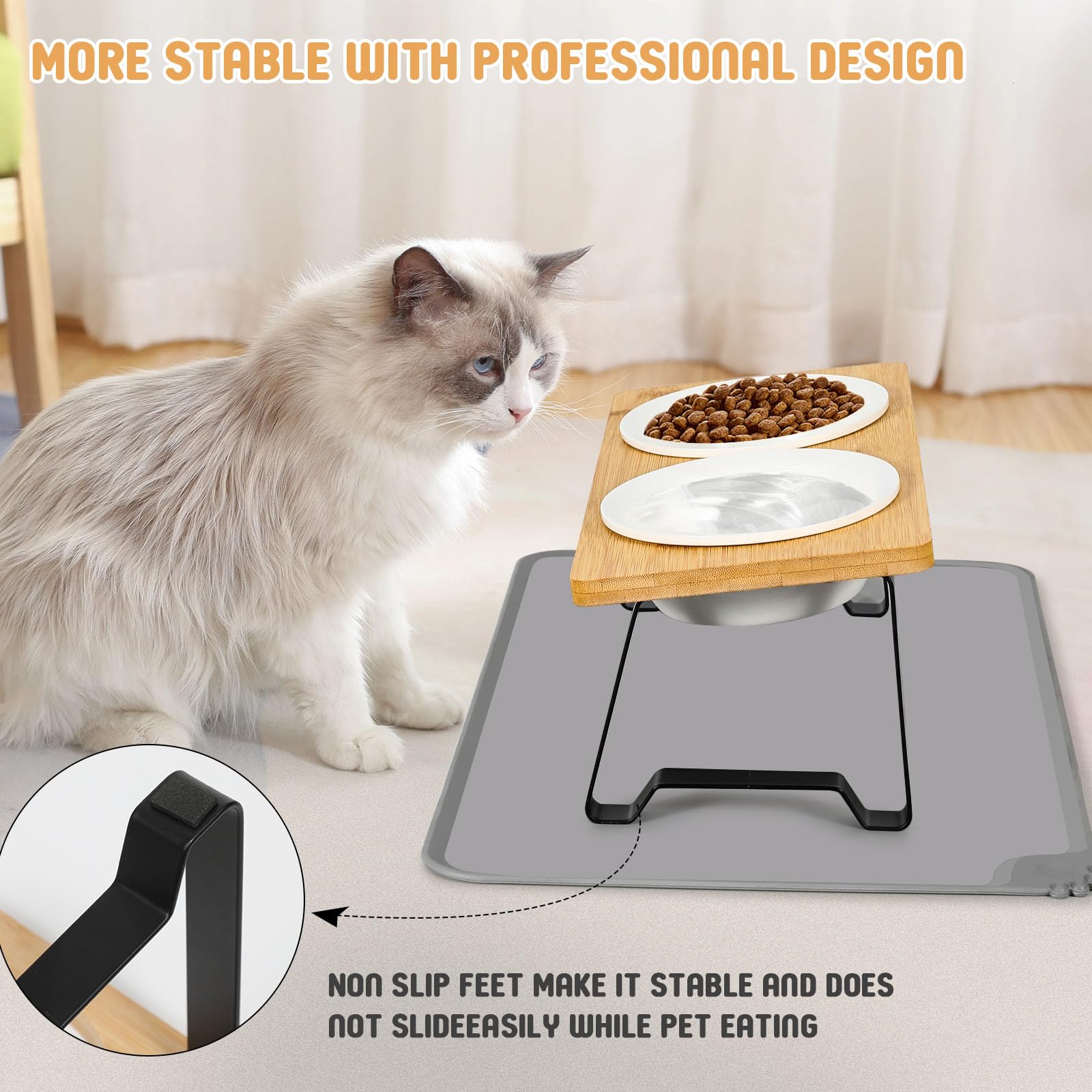 Lannvan Gamelle Chat Surélevée - 2 Bols en Céramique avec Support 15° Incliné et Tapis - pour Chats et Petits Chiens