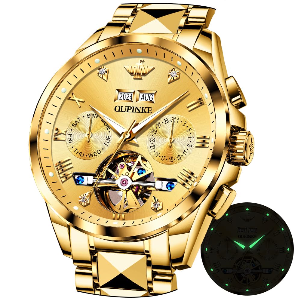 OUPINKE automatische mechanische Armbanduhr für Herren Luxus-Kleid Wolframstahl Leuchtend wasserdicht synthetischer Saphir Diamant Kalender Männer