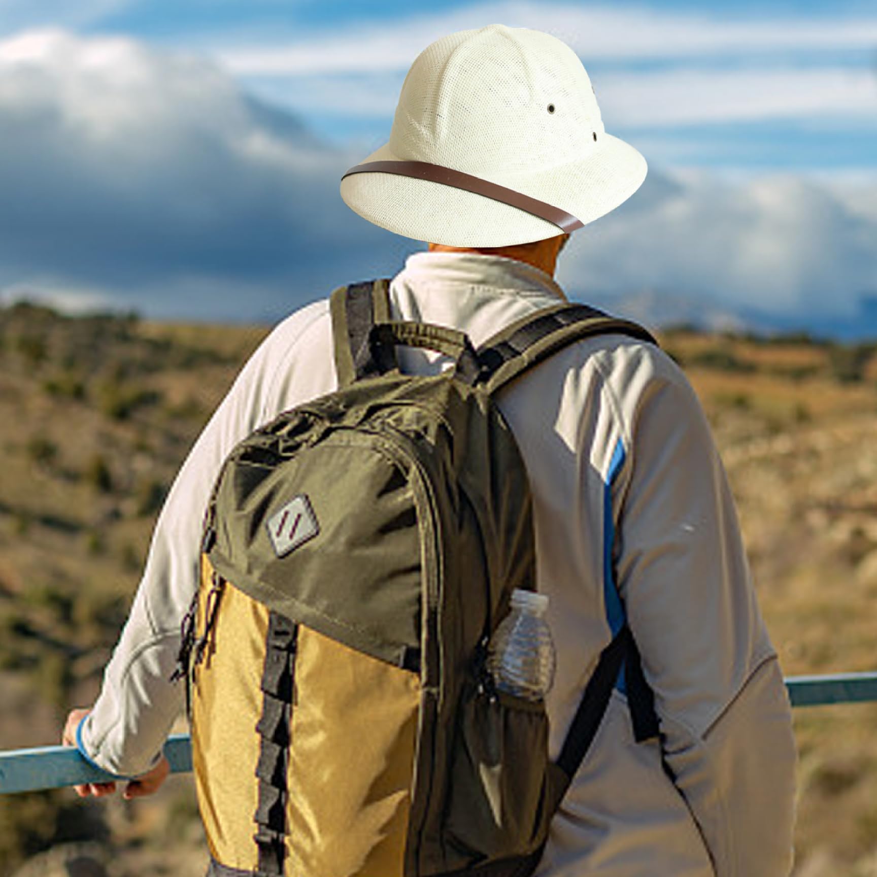Casco da pith, cappello di paglia da uomo a tesa larga con decorazione con cintura, cappello da sole in tessuto traspirante con sottogola regolabile, per minatore all'aperto per costume da