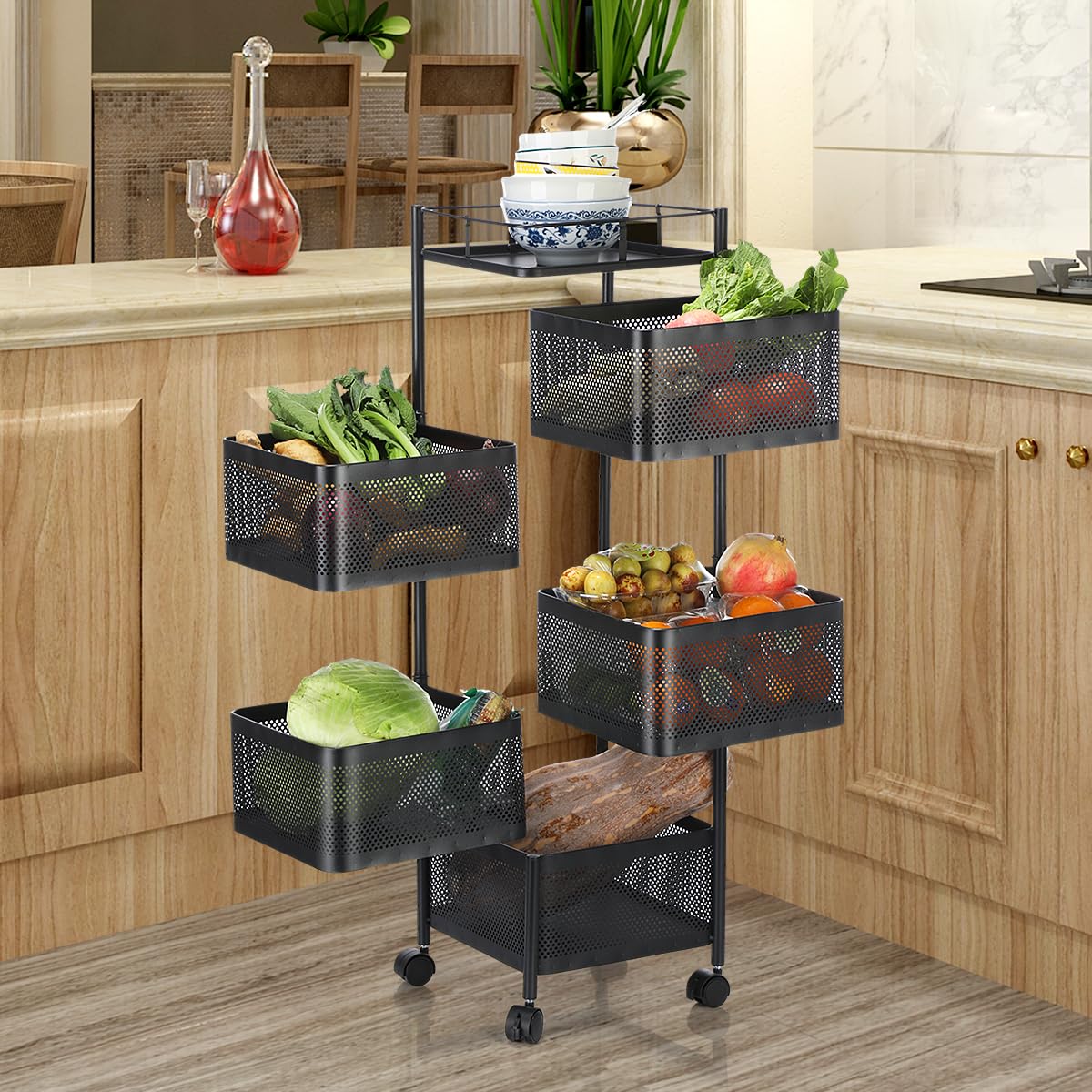 Carrito Auxiliar con Ruedas 5 Estantes, Carro de Cocina Multifuncional con Canastas, Carrito Verdulero y Frutero para Frutas y Verduras, Ruedas 360° para Cocina, Baño, Oficina, Despensa, Negro