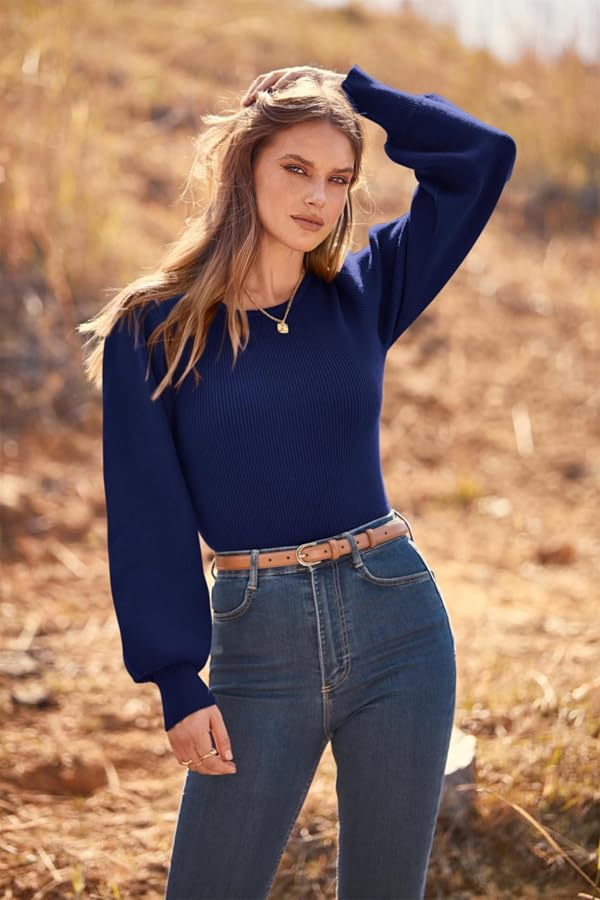 MASCOMODA Long Puff Sleeve Sweaters for Women 2026 Spring Winter Crewneck Knit Ribbed Bodysuit Pullover Tops(Navy,X-Large) by MASCOMODA - Used condition - Image 3