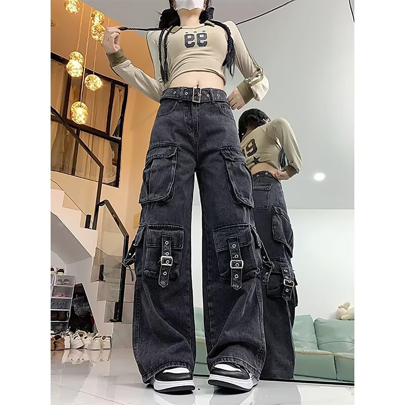 Y2k Grunge Cargo Baggy Jeanshose Emo Damen Punk Gerade Bein Hosen Alternative Y2k Kleidung