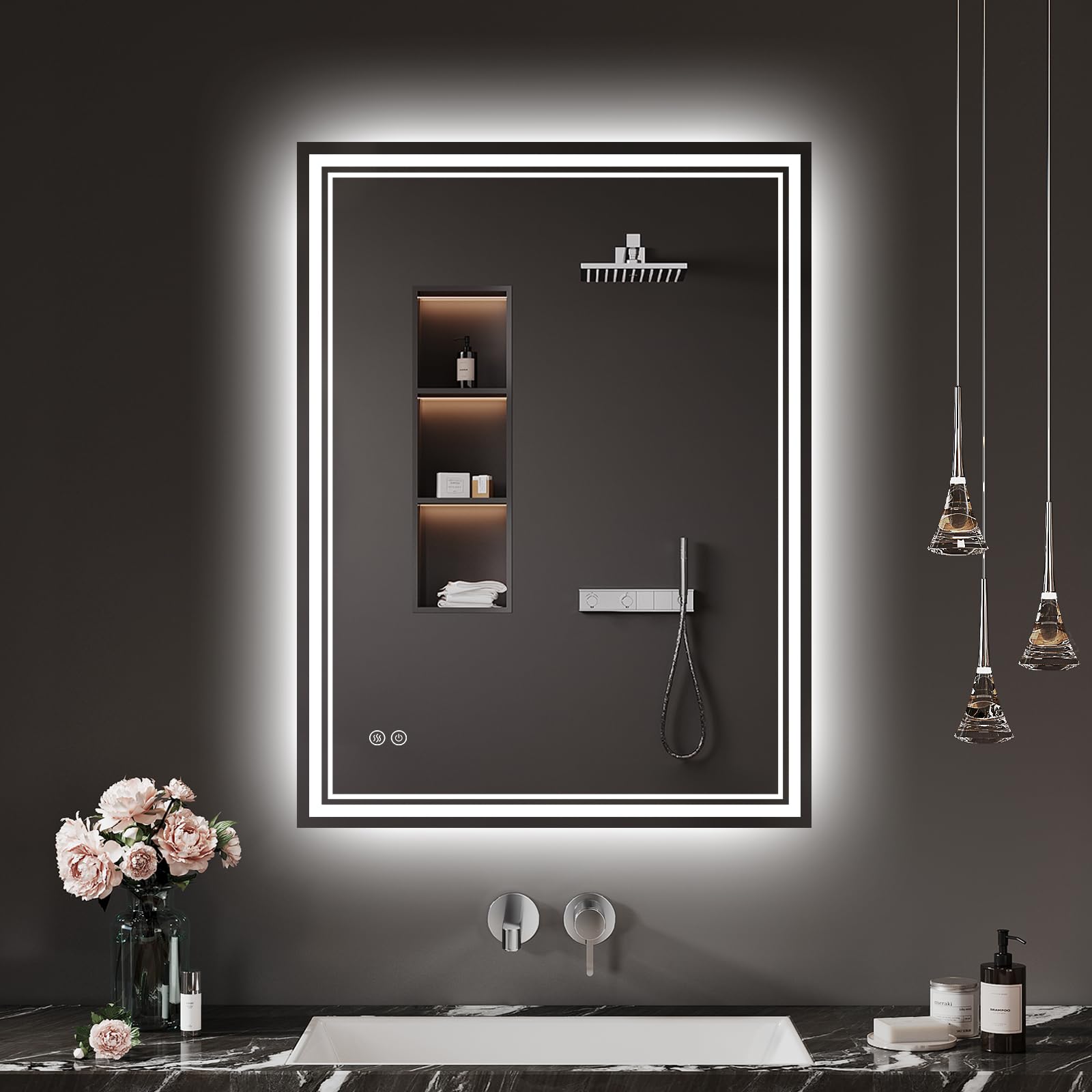 Badspiegel-mit-Beleuchtung 40x60cm - LED Badezimmerspiegel Badezimmer Spiegel mit Beleuchtung, Beschlagfrei, Touch-Schalter, 3 Lichtfarben - Bad Spiegel mit Licht Horizontal/Vertikal