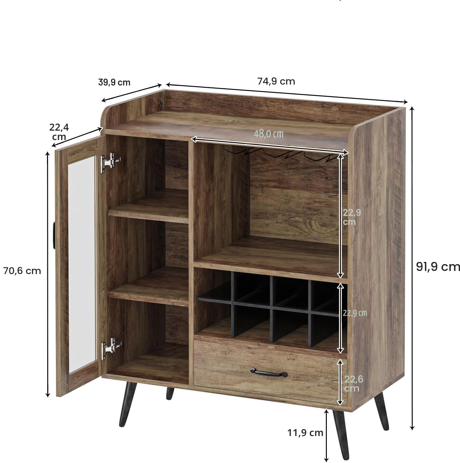SogesHome Armario Buffet para Vino con Puerta de Cristal y cajón, 3 estantes con 8 Cubos, aparador de Almacenamiento con botellero para Entrada, salón, Cocina