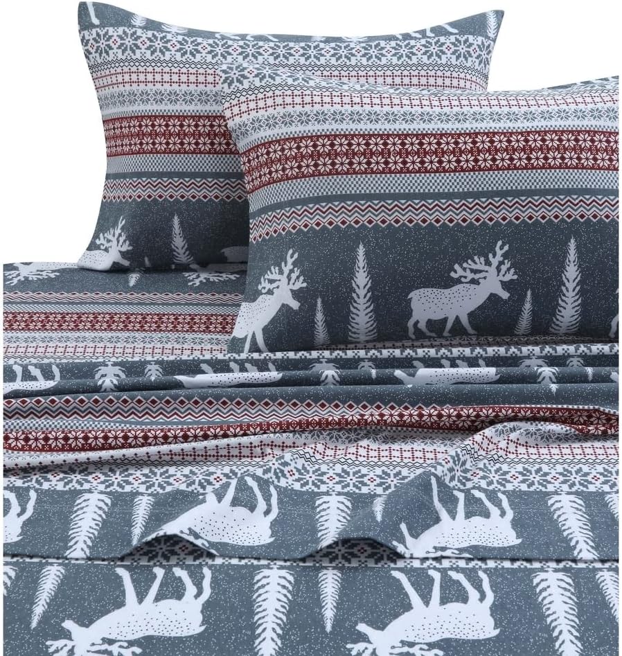 Tribeca Living Flannel Sheets in King Size, Deep Pocket 100% Cotton, 170 GSM Extra Deep Pocket 24-Inch 4 Piece Sheet Set inPlaid Moose Print