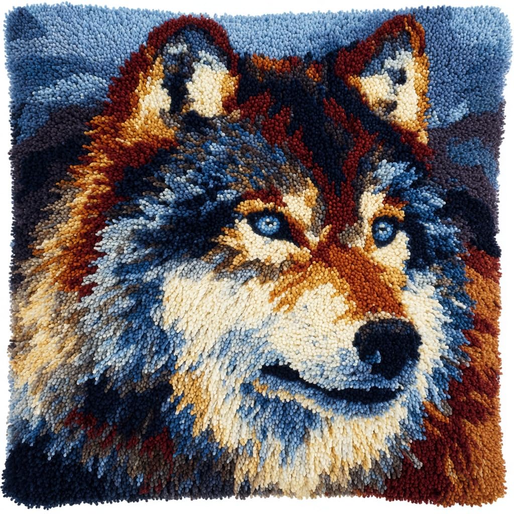 Henypt DIY Latch Hook Cushions Kits Animal Wolf Pillow Case Cushion Embroidery Kits Latch Hook Pillow Kit 43x43cm