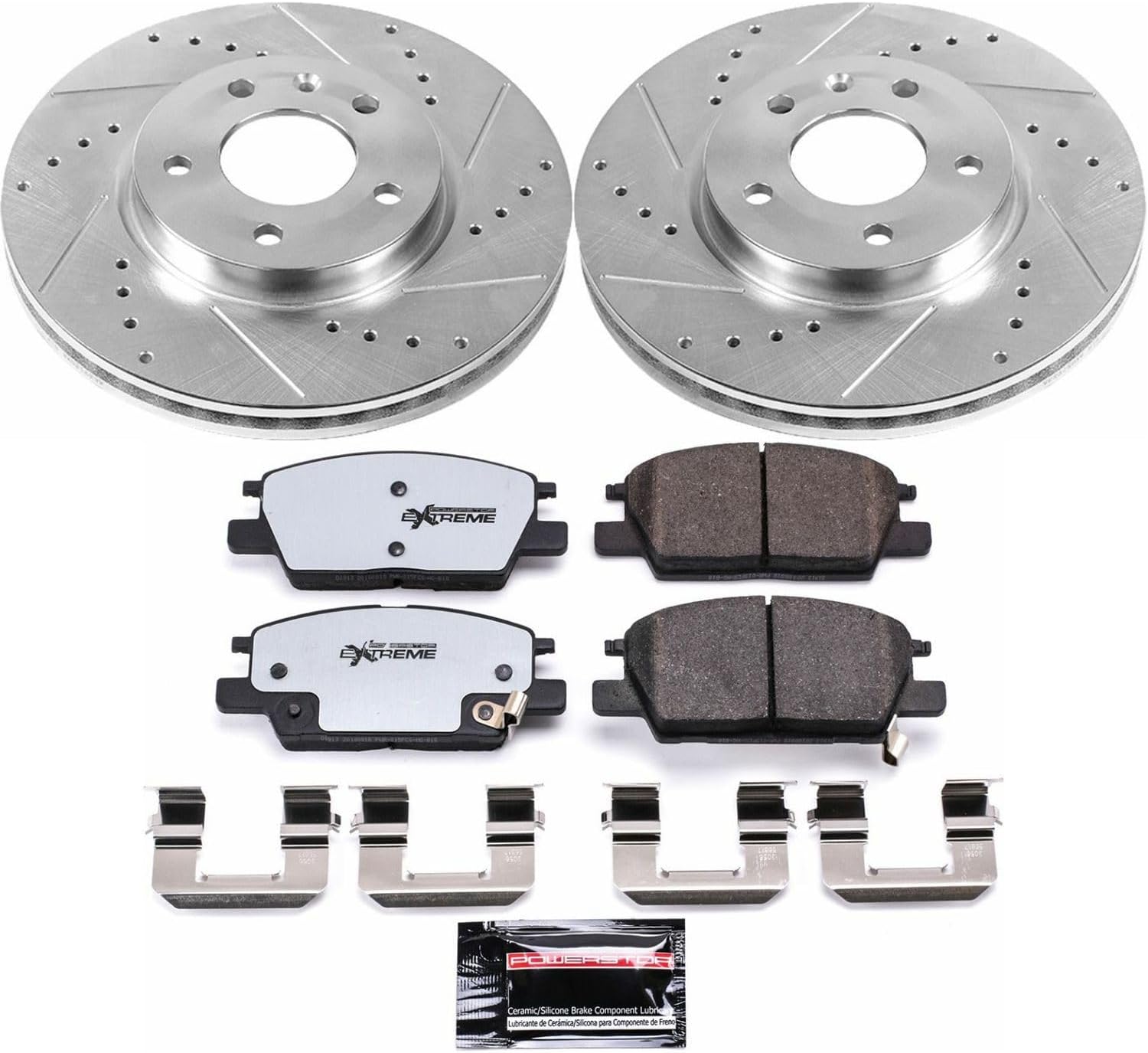 Power Stop Front Brake Kit For 2017 2018 2019 Buick LaCrosse 2018 2019 2020 Buick Regal Sportback - Truck & Tow Carbon Fiber Ceramic Brake Pads & Drilled and Slotted Rotors Replacement, K7400-36