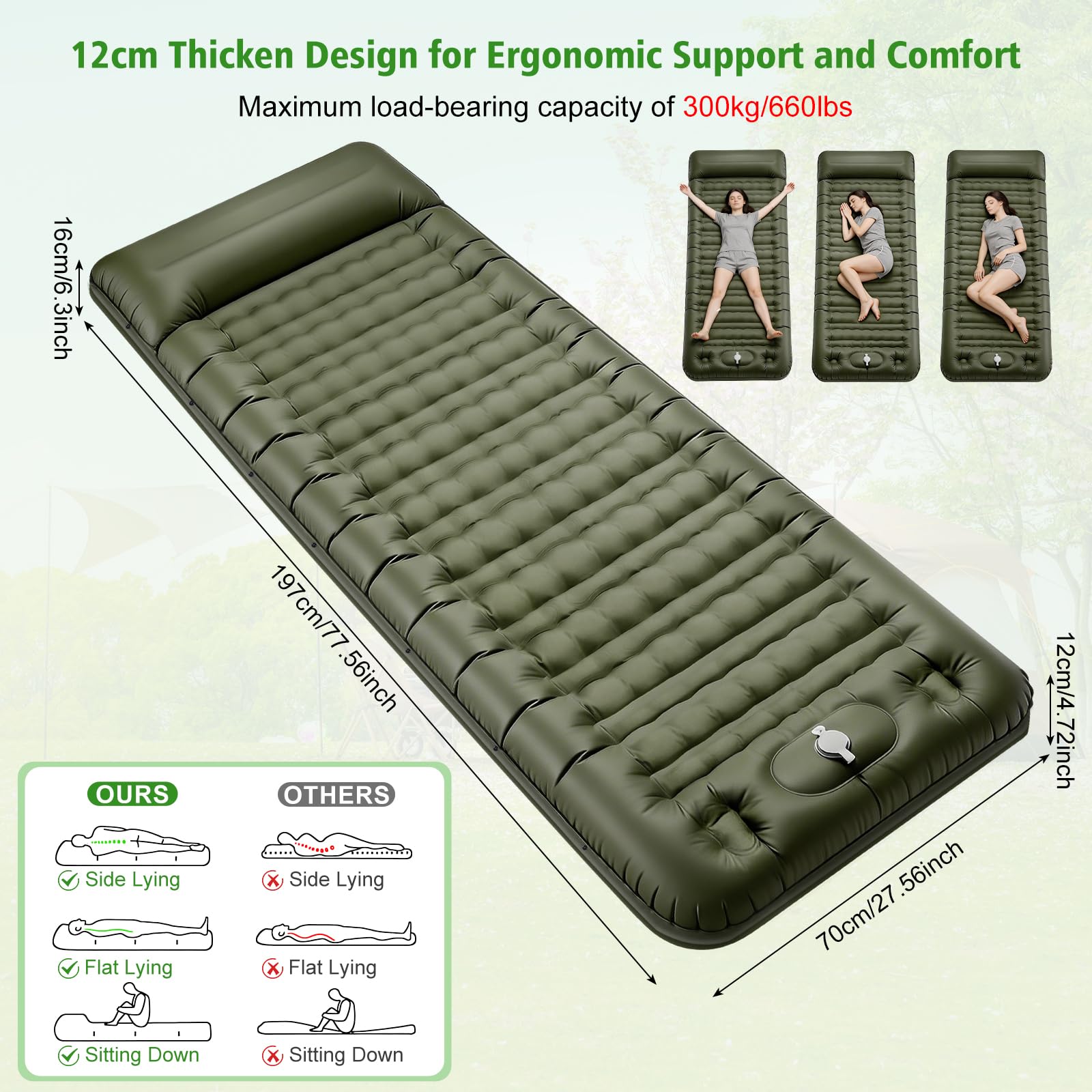 Matelas Camping Épais de 12-16 cm, Matelas Gonflable Camping avec Pompe à Pied Intégrée, Matelas Trekking Bivouac Randonnée Ultra Léger Imperméable, Lit Gonflable 1 Place pour Plage Randonnée