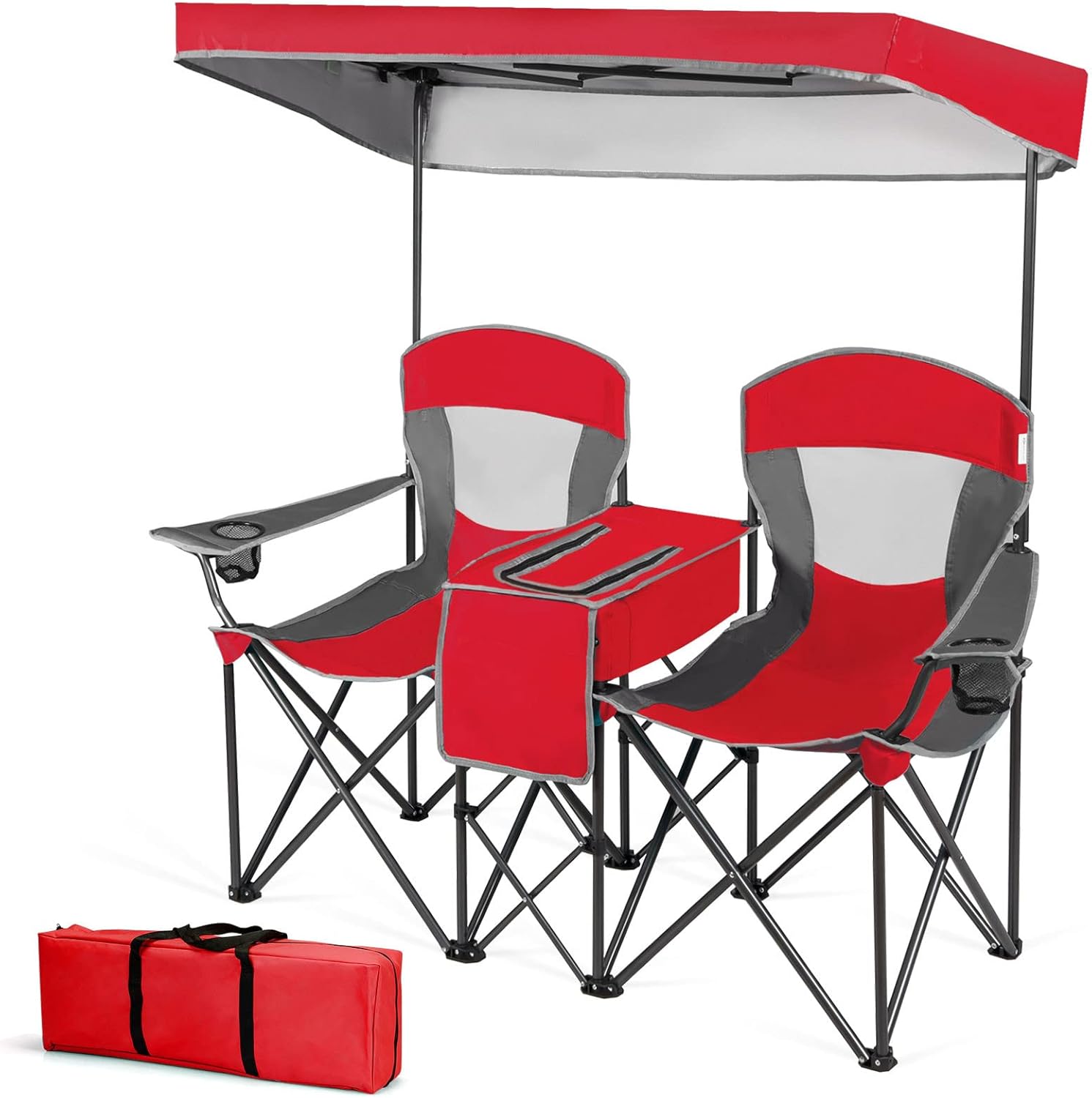 MIDDOW SILKYDRY Double Camping Chairs, Folding Loveseat Camp Chairs w/Adjustable UV Protection Shade, Cup Holders, Cooler & Carry Bag, 2-Person Portable Beach Chairs for Picnic, Fishing, Hiking (Red)