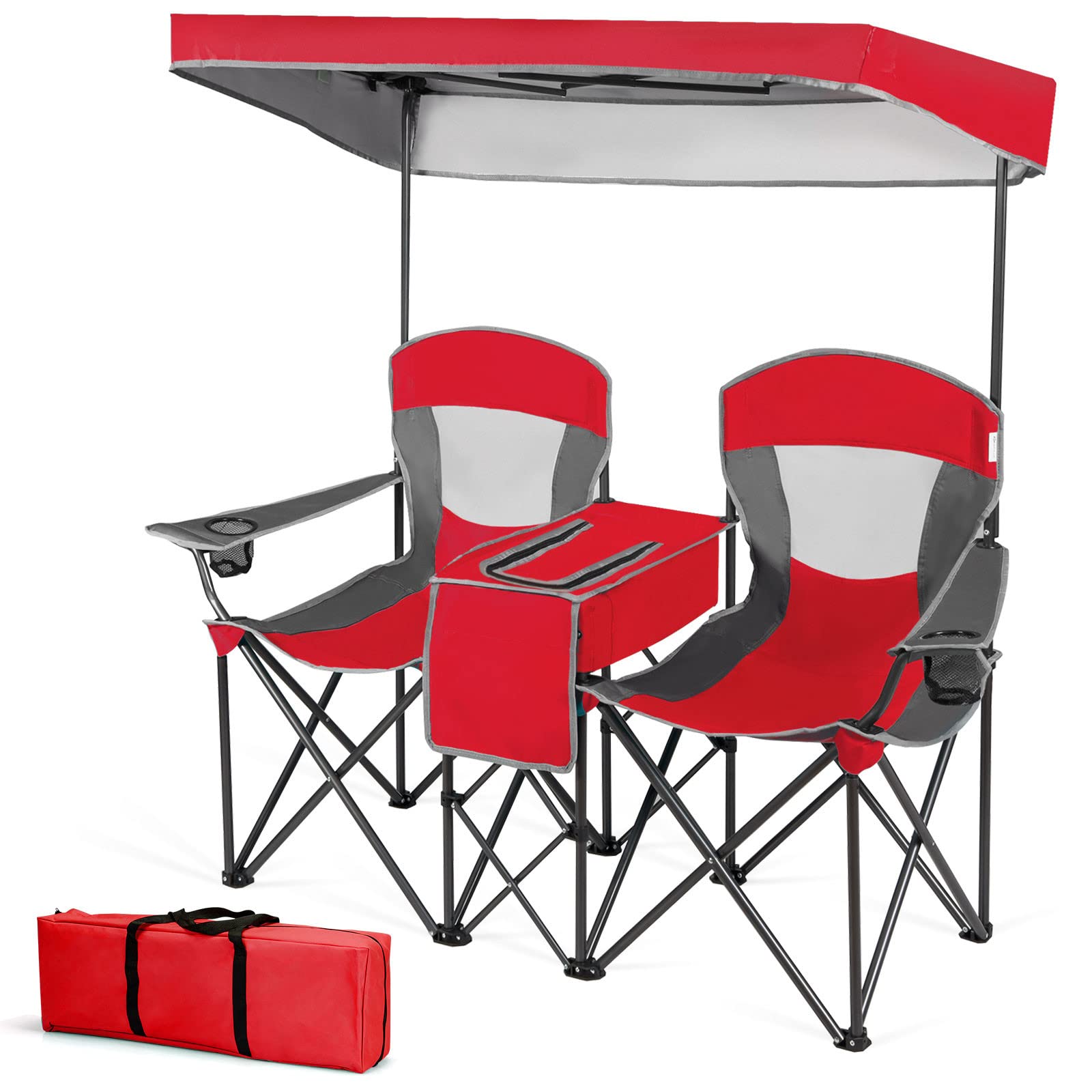 MIDDOW SILKYDRY Double Camping Chairs, Folding Loveseat Camp Chairs w/Adjustable UV Protection Shade, Cup Holders, Cooler & Carry Bag, 2-Person Portable Beach Chairs for Picnic, Fishing, Hiking (Red)