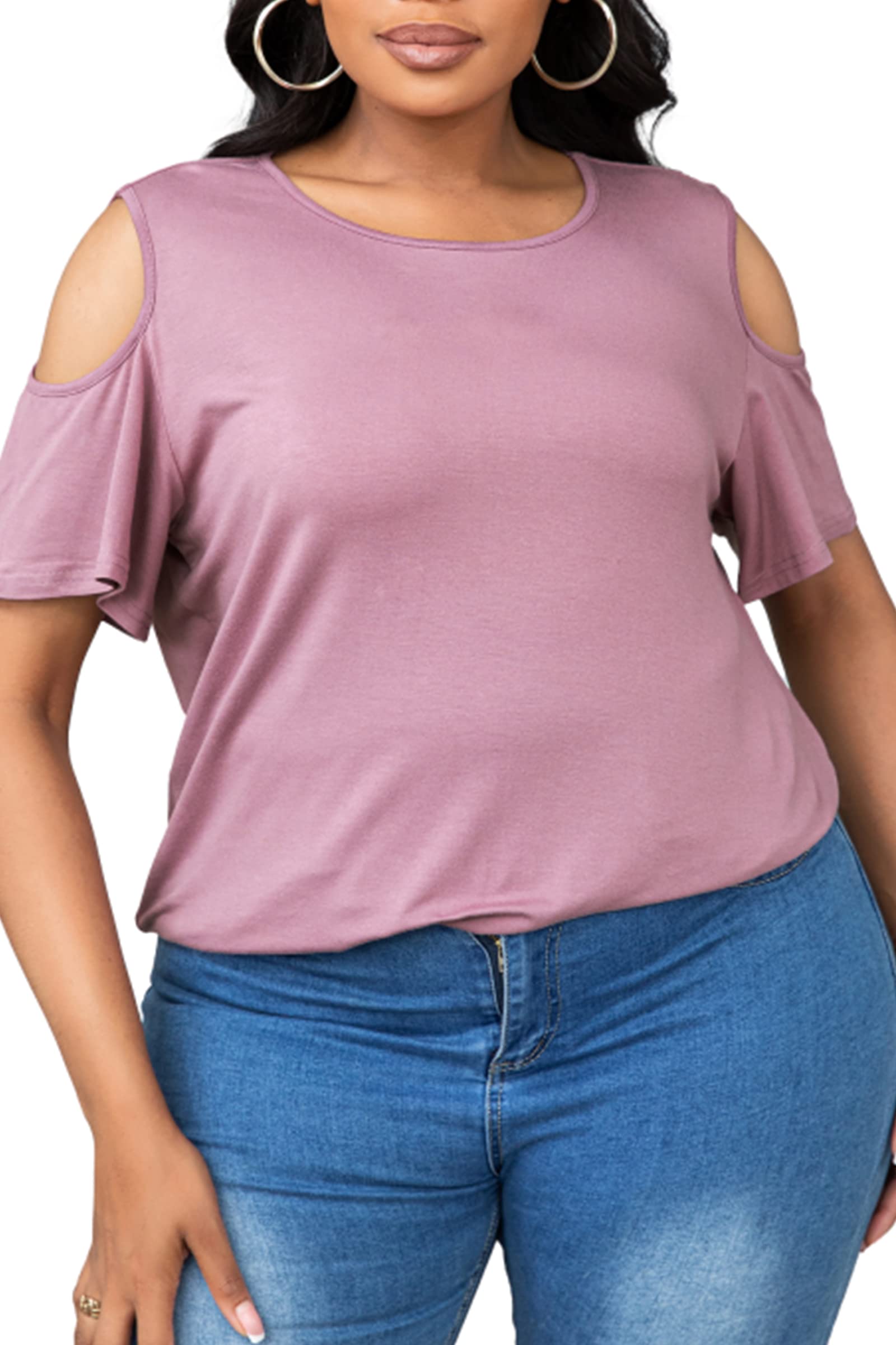 peassa Women's Plus Size Summer Blouse Casual Tops Cold Shoulder T-Shirt, 209 Mauve, 22 Plus