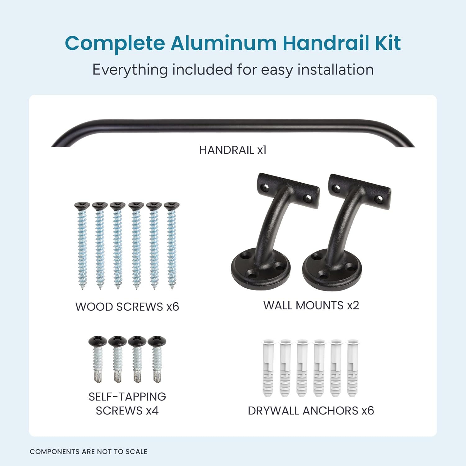 Complete Aluminum Handrail KIT for Indoor/Outdoor – Stylish Round Shape with Curved Ends. Includes Wall Mounts, Hardware, Ergonomic 1-3/8" Dia, ADA Returns (Black Textured, 3' Length)