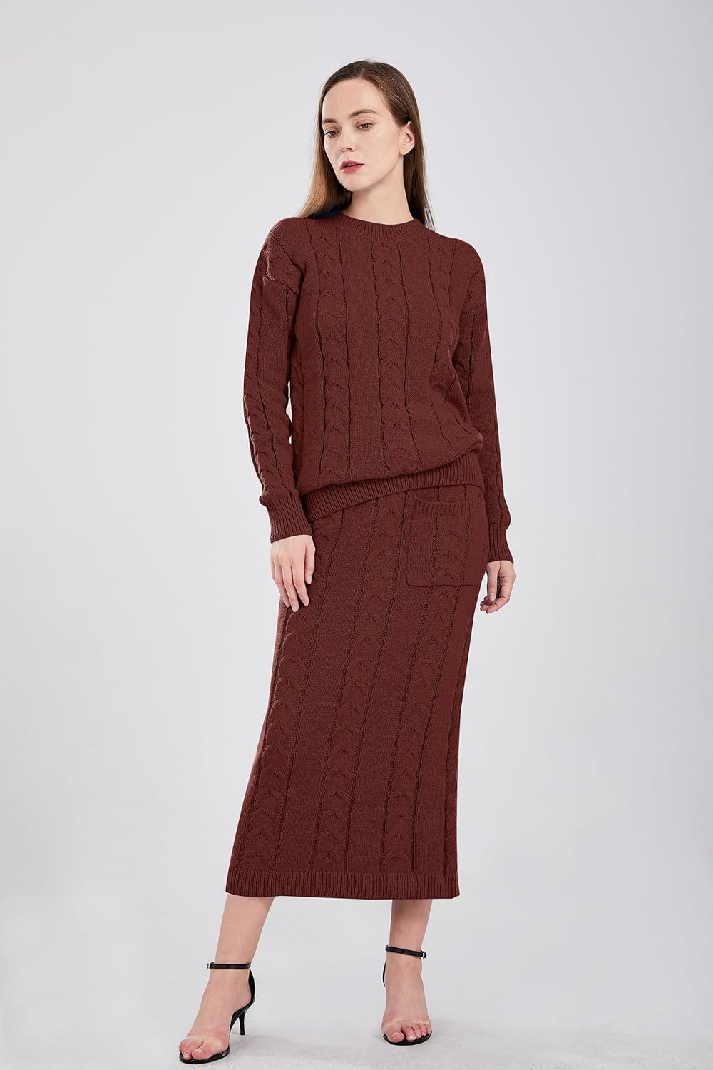 utcoco Womens Sweater Sets Winter Chunky Cable Knit 2 Piece Outfits Sweater Skirt Set - Image 2