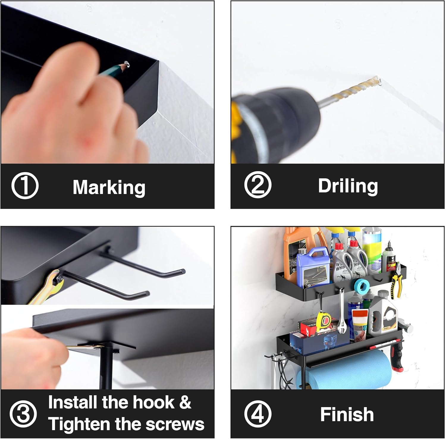 ZUNTO Garage Paper Towel Holder with 2 Shelves, Black Paper Towel Holder with Hooks, Wall Mount Paper Towel Rack for Organization and Storage, Drilling