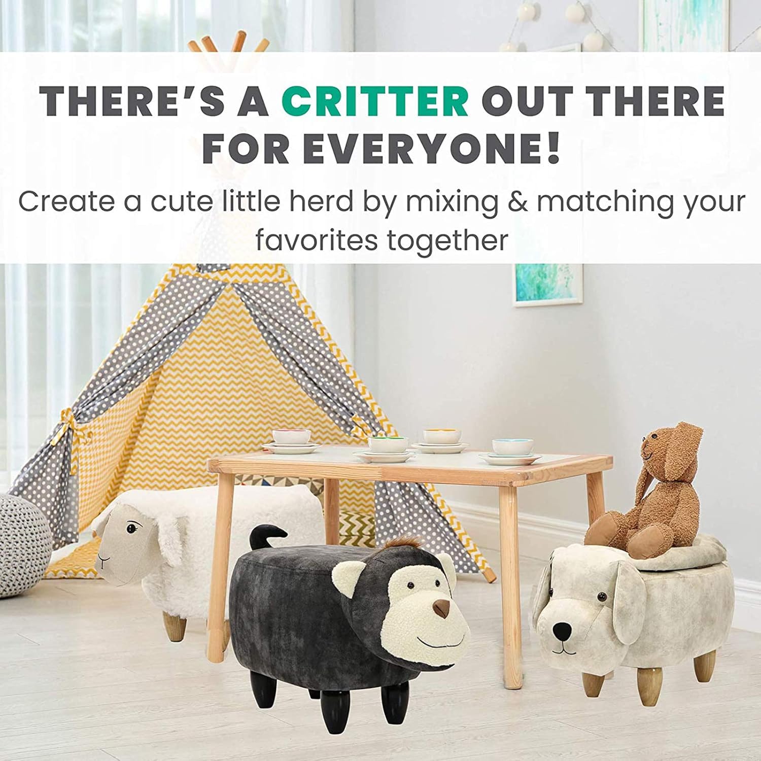 Animal Kids Ottoman, Children Footrest Stool, Cartoon Pouffe Step Stool, for Nursery, Bedroom, Playroom & Living Room-Décor Ottoman,Metallic