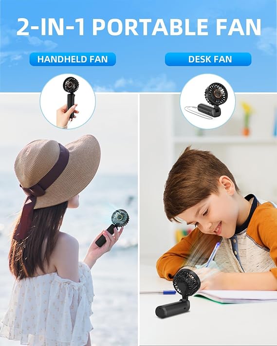 2 Pack Portable Handheld Fan, Mini Desk Fan Foldable 1800mAh, 180° Ratotion, 3 Speeds, Ultra Quite, Up to 8H Long Use Time, Small Personal Cooling Fans Makeup Lash Fan for Women Girls, Dark Black Blue