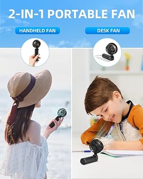 2 Pack Portable Handheld Fan, Mini Desk Fan Foldable 1800mAh, 180° Ratotion, 3 Speeds, Ultra Quite, Up to 8H Long Use Time, Small Personal Cooling Fans Makeup Lash Fan for Women Girls, Dark Black Blue
