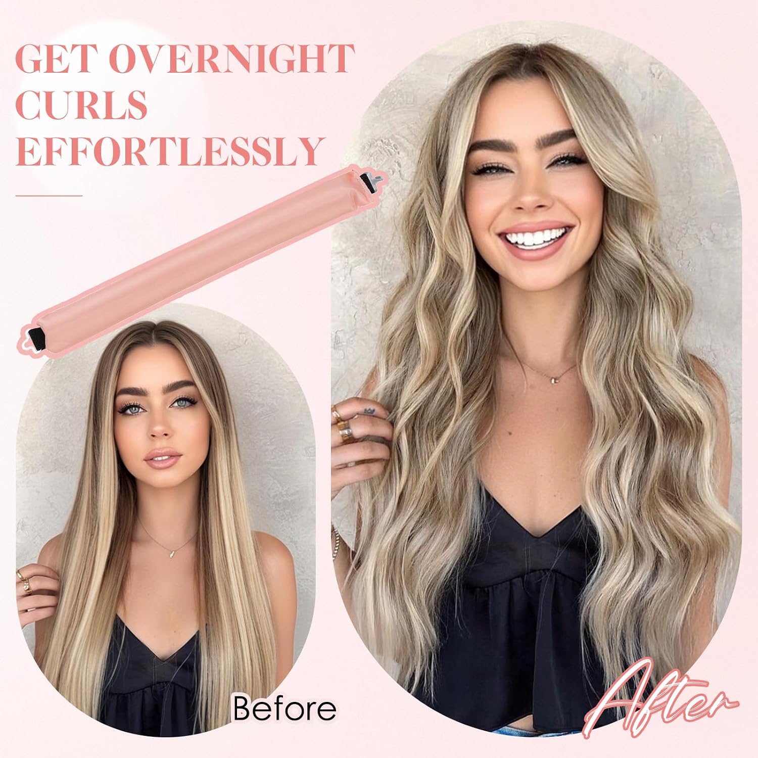 Hairro Heatless Hair Curler Set, 5-in-1 No Heat Overnight Curling Kit for Long Hair, 3 Pack Jumbo Flexi Rods with Satin Scarf & Detangling Comb, Styling Rollers for Easy Waves, Pink