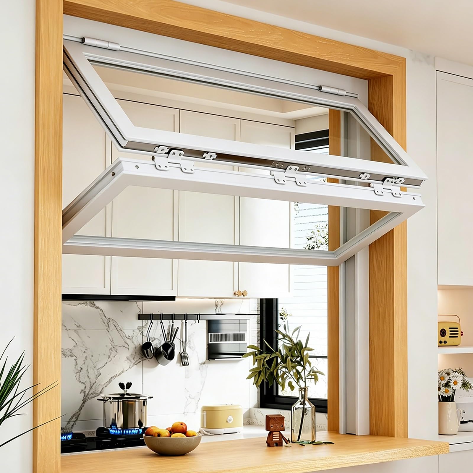 Finestra di servizio pieghevole commerciale, 76,2 x 81,3 cm, in alluminio temperato, per rimorchi alimentari, ristoranti e bar all'aperto, durevole, conveniente, facile installazione