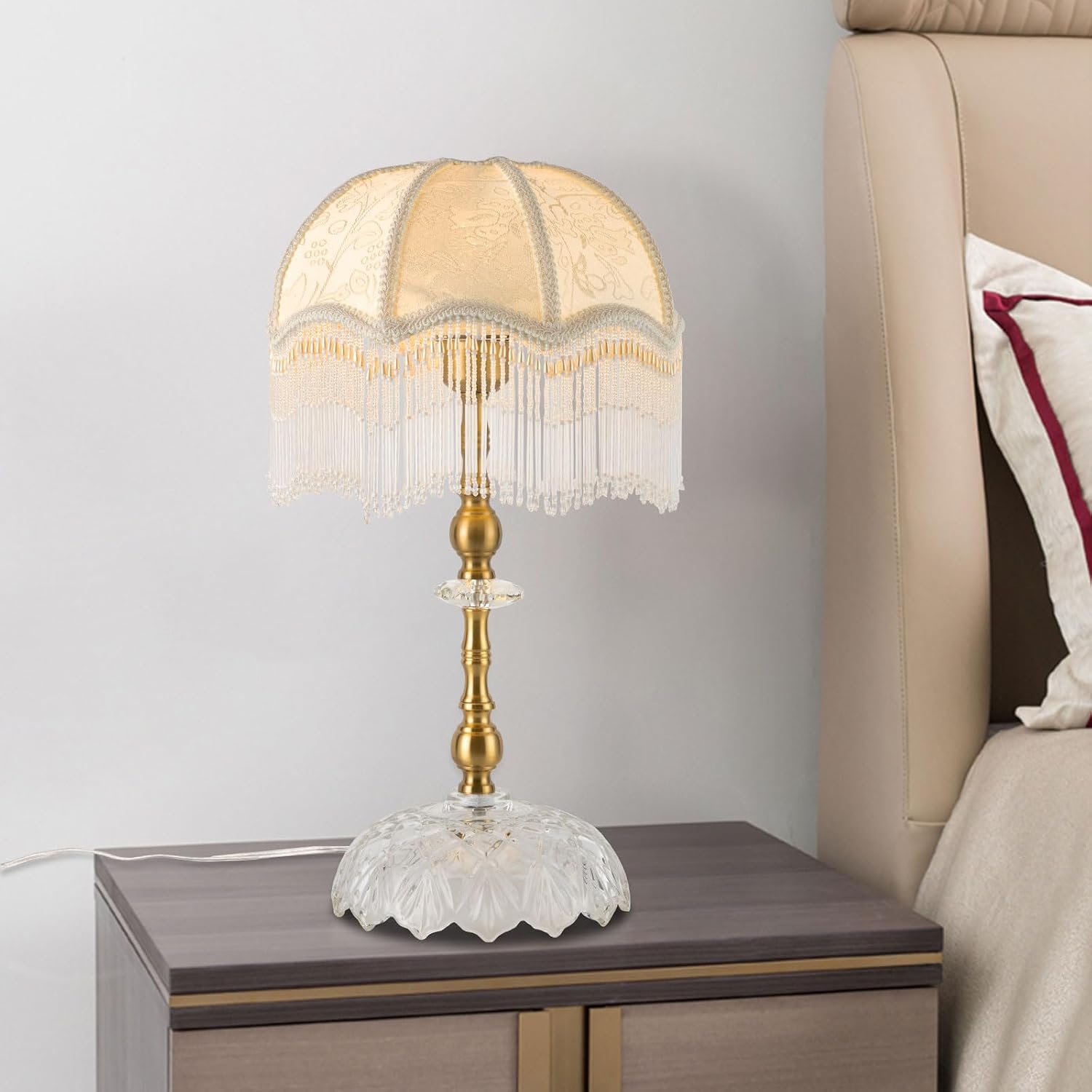 Table Lamp, Beaded Tassel Design, E26 Bulbs, 60W, 10.76 sq.ft Rocker Switch, Vintage Style, Light Beige Fabric Shade