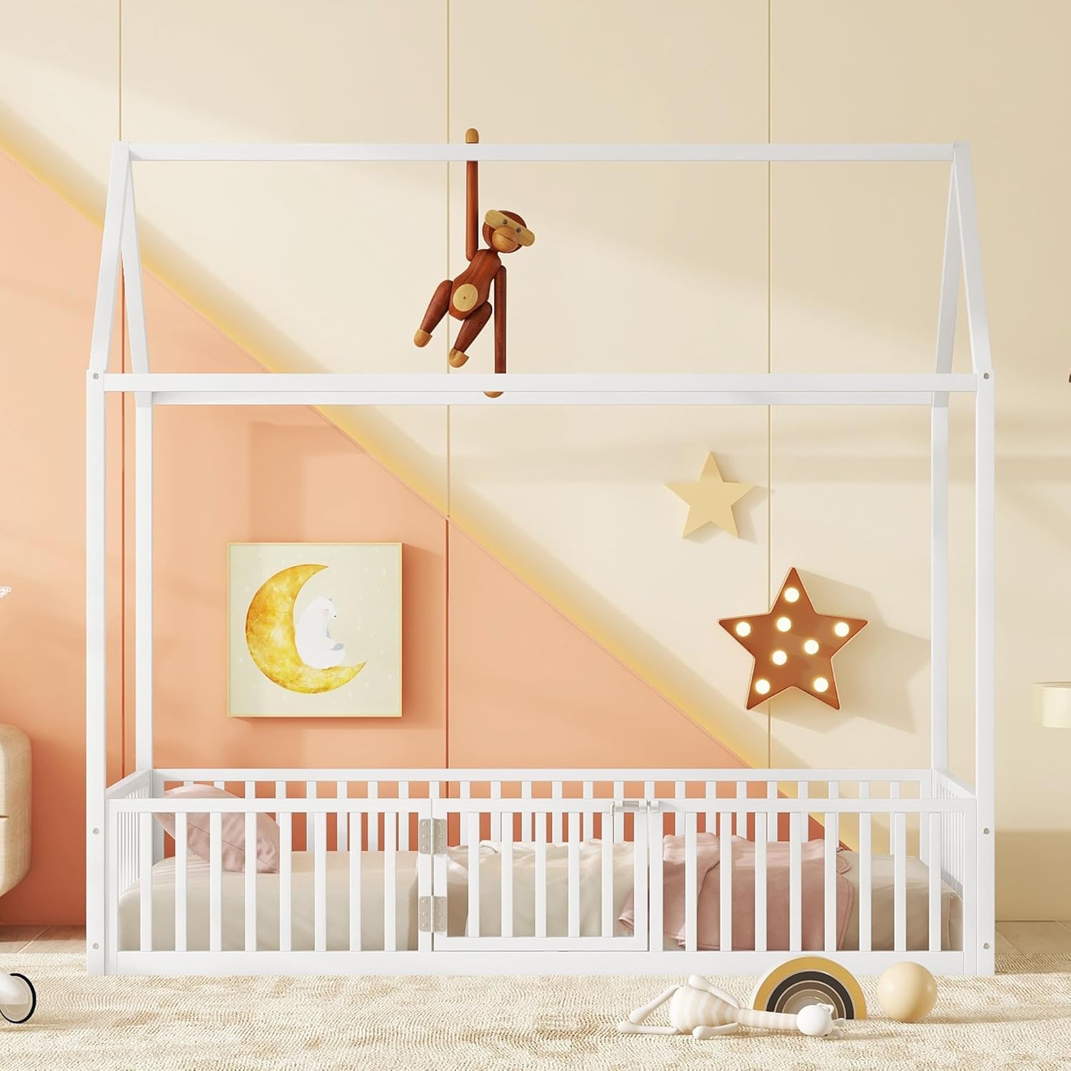 Bellemave Twin Size House Bed, Montessori Floor Bed for Kids, Metal House Beds with Door and Fencefor Kids, Twin, White