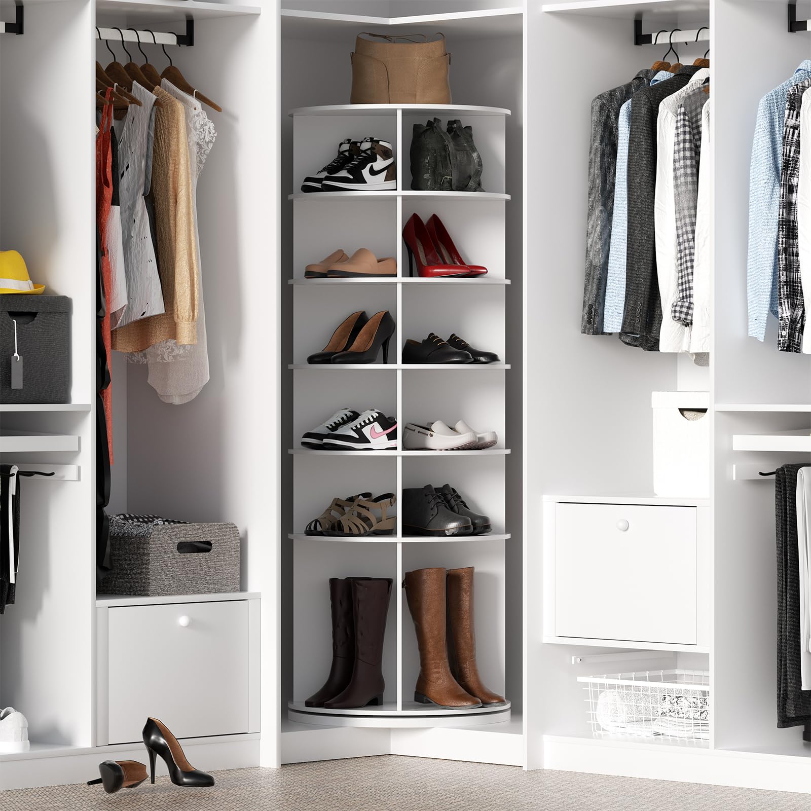 Zapatero giratorio con 6 niveles, armario de zapatos giratorio de 360 grados, carrusel redondo blanco, bolso vertical, organizador de armario de zapatos para sala de estar, dormitorio, entrada