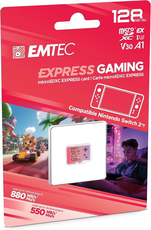EMTEC 128GB Express Gaming microSD, microSD Express 7.1 PCIe NVMe, hasta 880MB/s de lectura, 700MB/s de escritura, velocidad nivel SSD para Nintendo Switch 2, consolas, 4K UHD