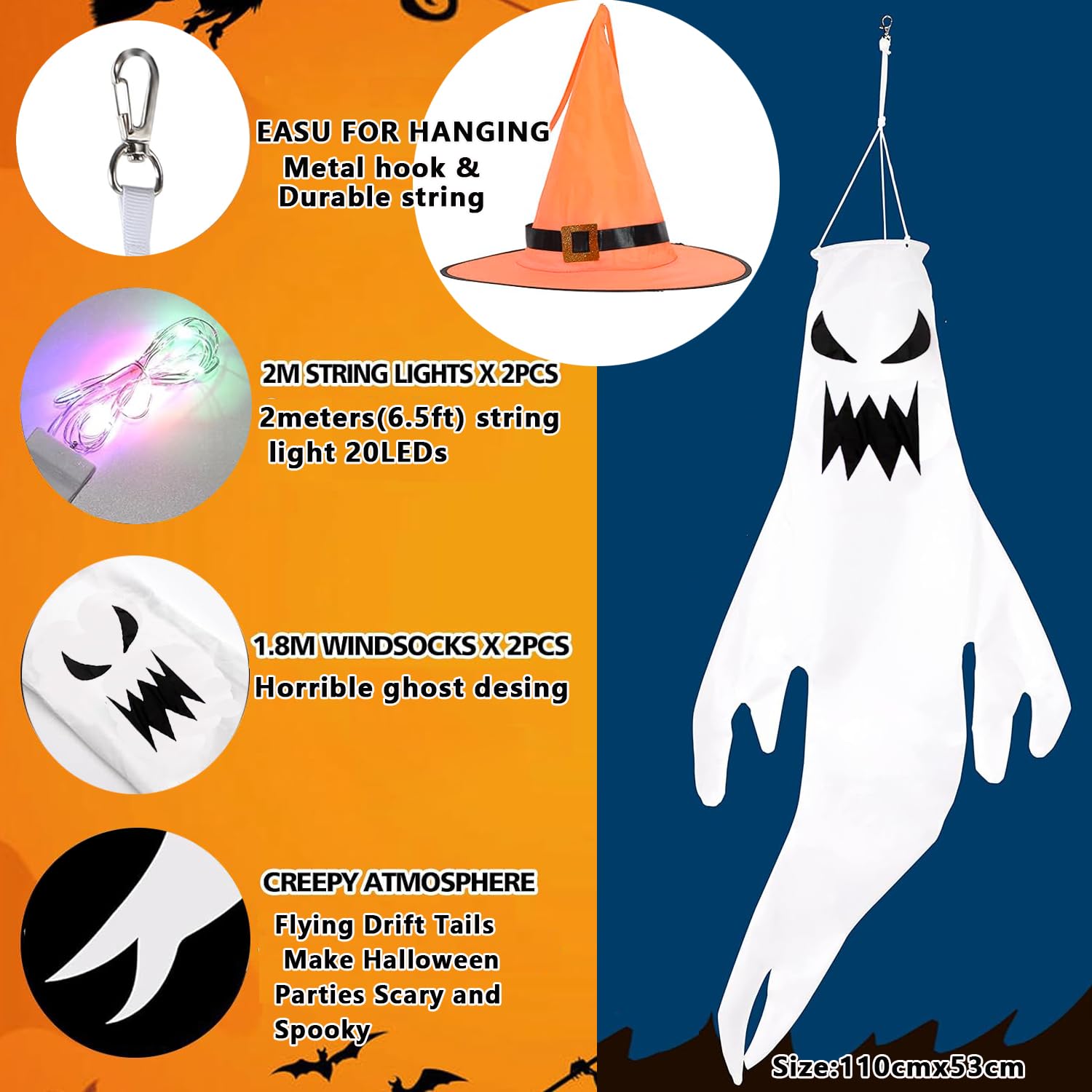 Ghost Windsocks - 2 szt. halloweenowe dekoracje ogrodowe ze światłem i kapeluszem czarownicy, wisząca flaga na podwórko do wewnątrz, patio, trawnik, nawiedzony dom, dekoracja na Halloween na zewnątrz