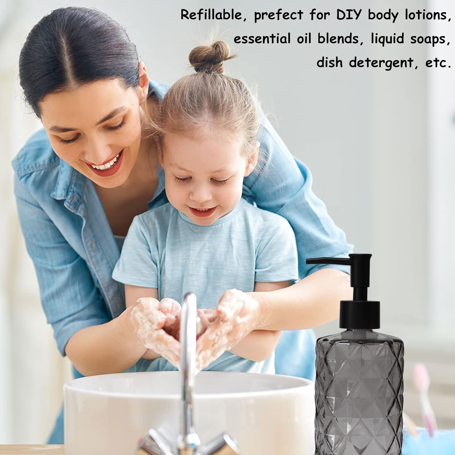 Glass Soap Dispenser with Black Plastic Pump, 12oz Refillable Liquid Hand Soap Dispenser, Crystal Lotion Bottle for Modern Home Decor, Bathroom, Kitchen Countertop, Hotel - Image 6