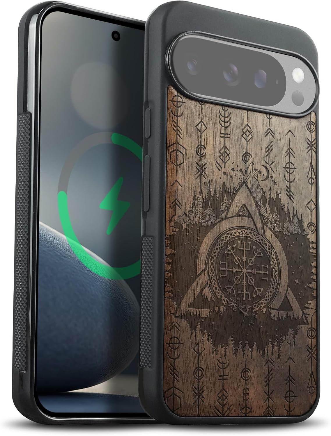 Carveit Magnetic Wooden Case for Google Pixel 10 / Pixel 10 Pro Case, Wood Artisan Engraved & Soft TPU Shockproof Cover, Compatible with MagSafe Wireless Chargers (Celtic Helm-Awe) Walnut