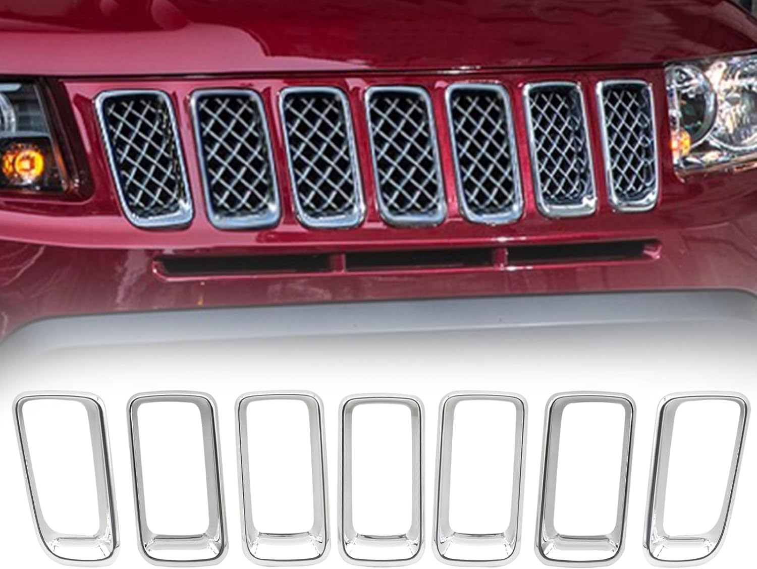 JINCHEN 7pcs Grill Mesh Inserts Clip-on Compatible with Jeep Compass 2011-2016, Front Grill Inserts Grille Cover Frame Trims (Chrome)
