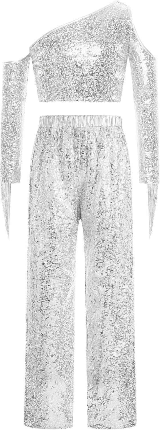 Jhaoyu Sparkly Jazz Dance Outfits for Girls Sequined Tassels Crop Top with Pants Junior Hip Hop Prom Party Wear