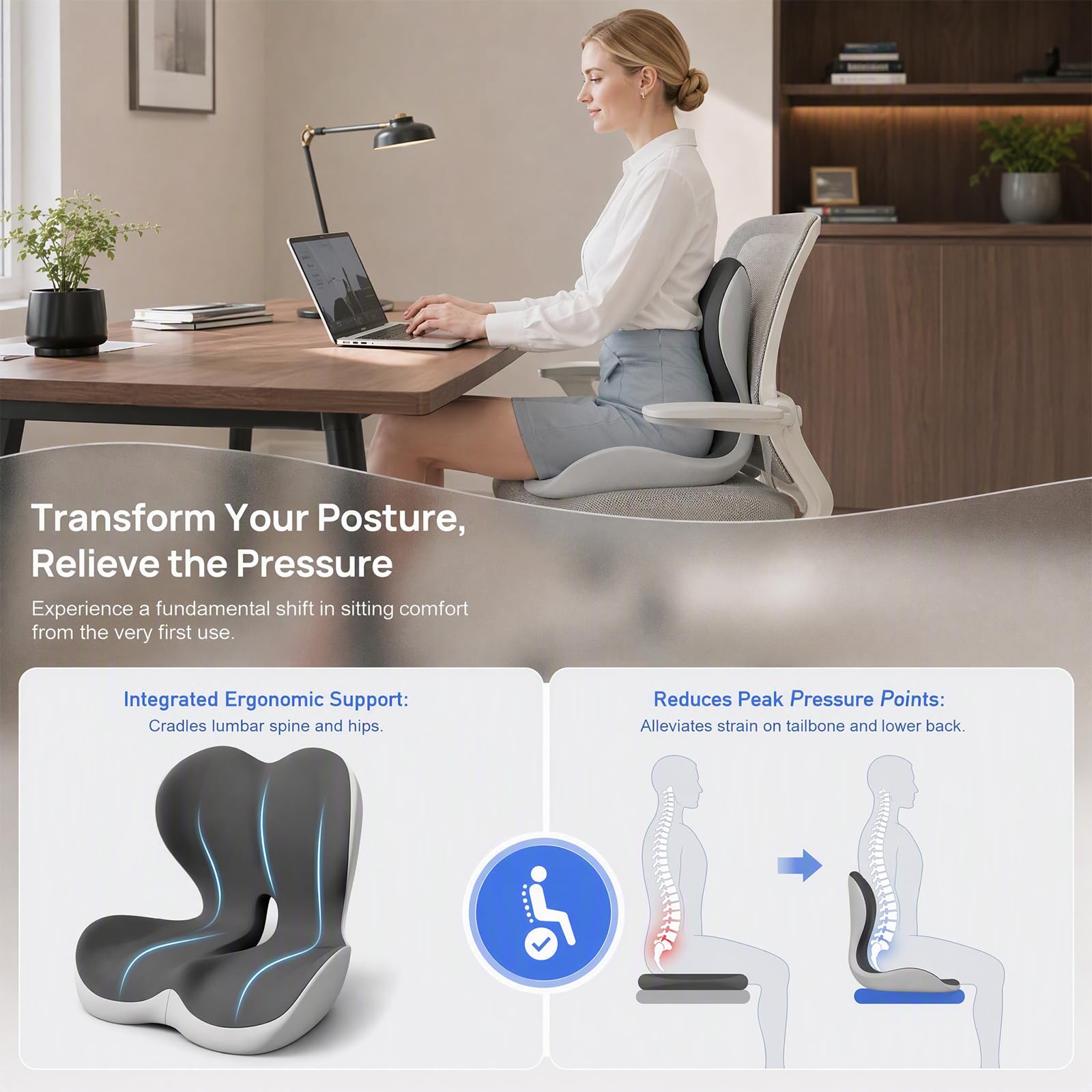 Cuscino ortopedico con schienale, cuscino ergonomico per sedia da ufficio e auto, cuscino per coccige in memory foam contro il mal di schiena, supporto lombare