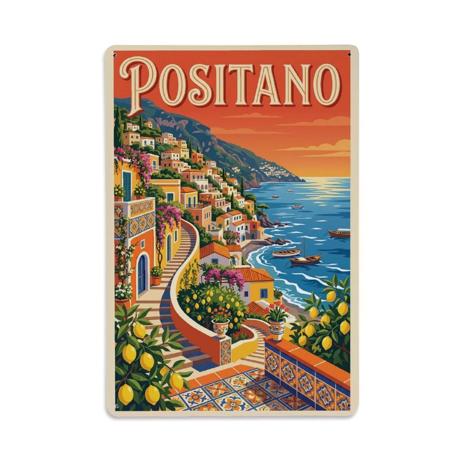 Vintage Travel Positano Italy Vermillion Metal Tin Sign Plaque Wall Decor for Cafe, Club Bar, Office, Garden Metal Poster 8x12Inch