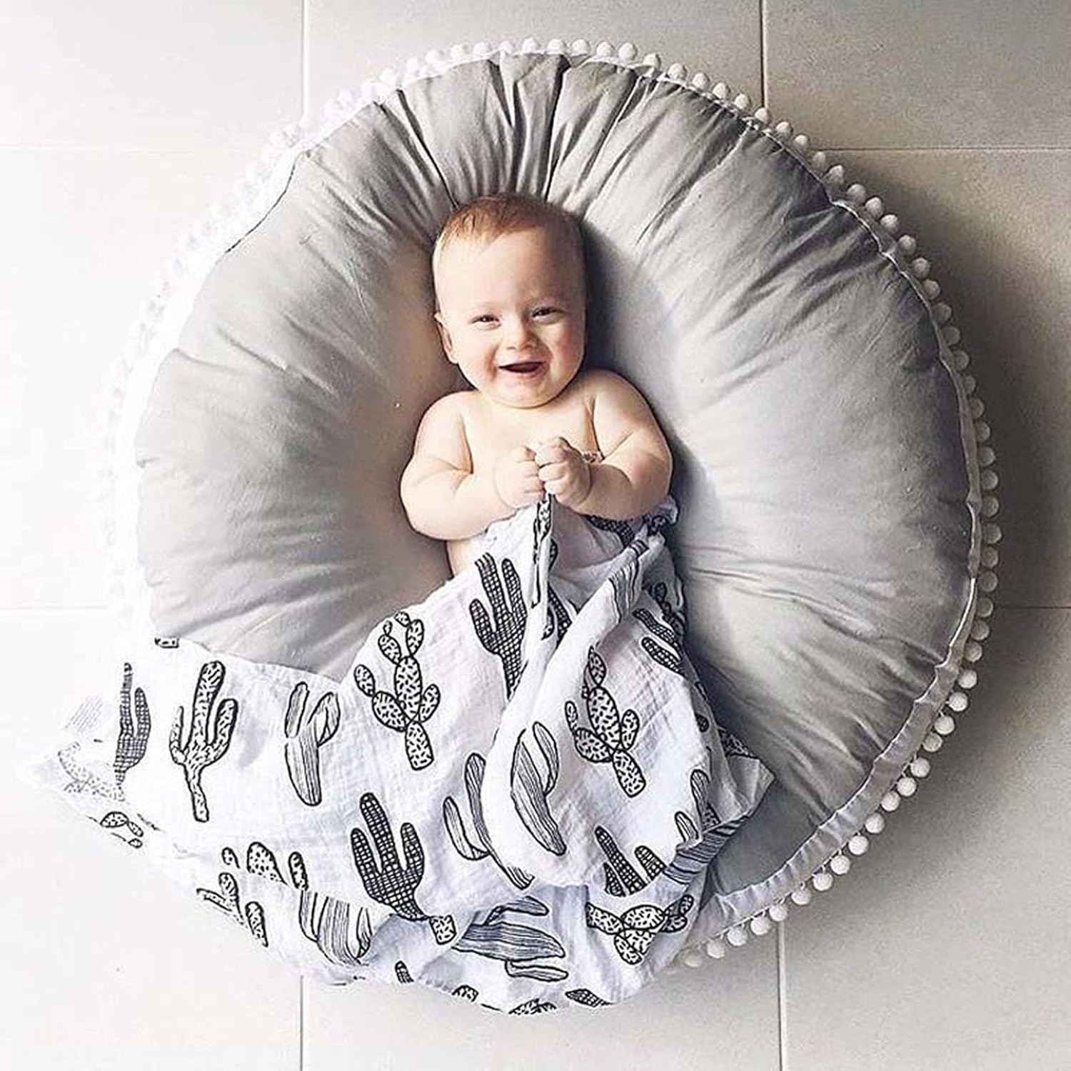 Kids Floor Pillow Cushion Seating Round Large Floor Cushion, Oversized Circle Pillow for Reading Nursery Playroom Teepee Meditation, Soft Big Circular Cushion with Cute Pompom, Grey 35" : Home & Kitchen