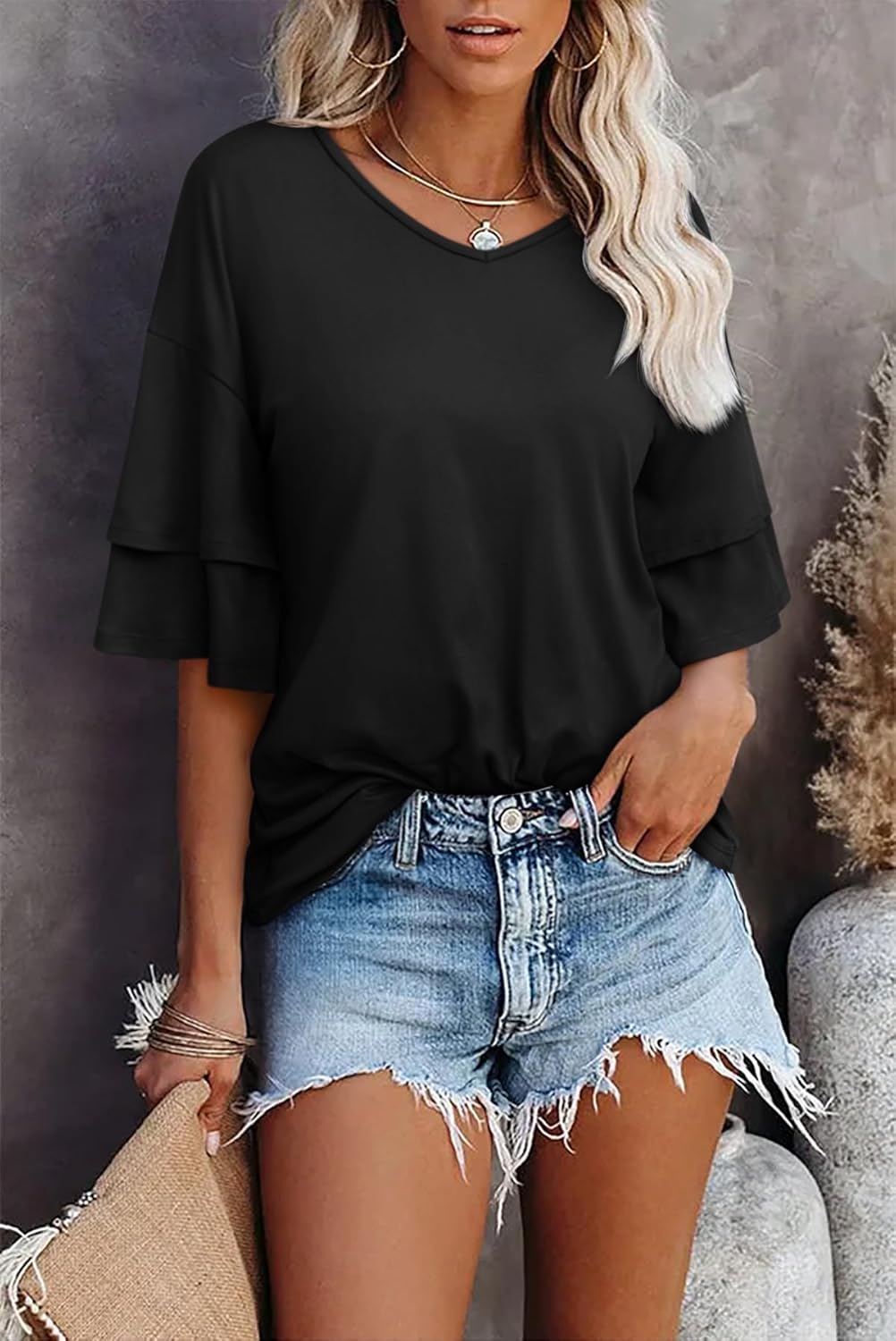 REORIA Shirts for Women's 2026 Ruffle Short Sleeve T Shirts Casual V Neck Cute Tops Fashion Blouse Clothes - Image 2