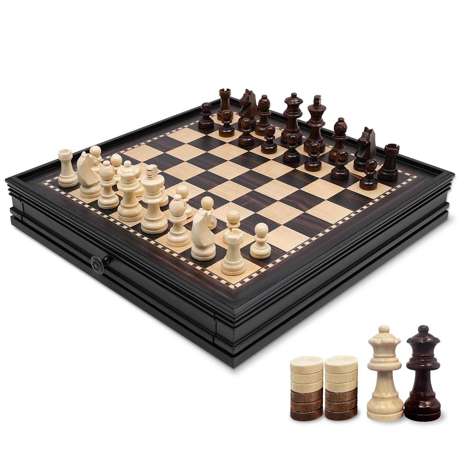 Sihaiyuan Wooden Chess Set Magnetic, 2-in-1 Chess Board Game 32cm, Solid Wood Drawer-Style Chess Board